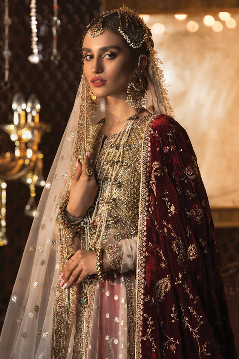 Pakistani Gold Maroon Embroidered Organza Jamawar Bridal Gown (4-Piece) - Image 2