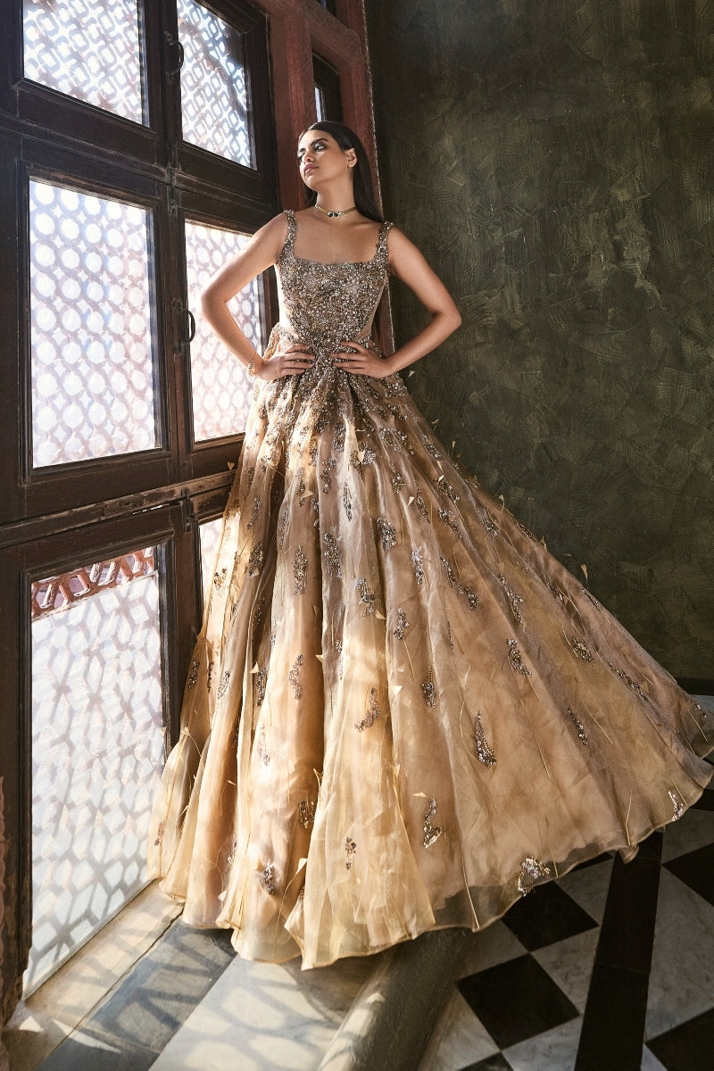Golden Embroidered Organza Bridal Gown (1-Pc) - Image 2