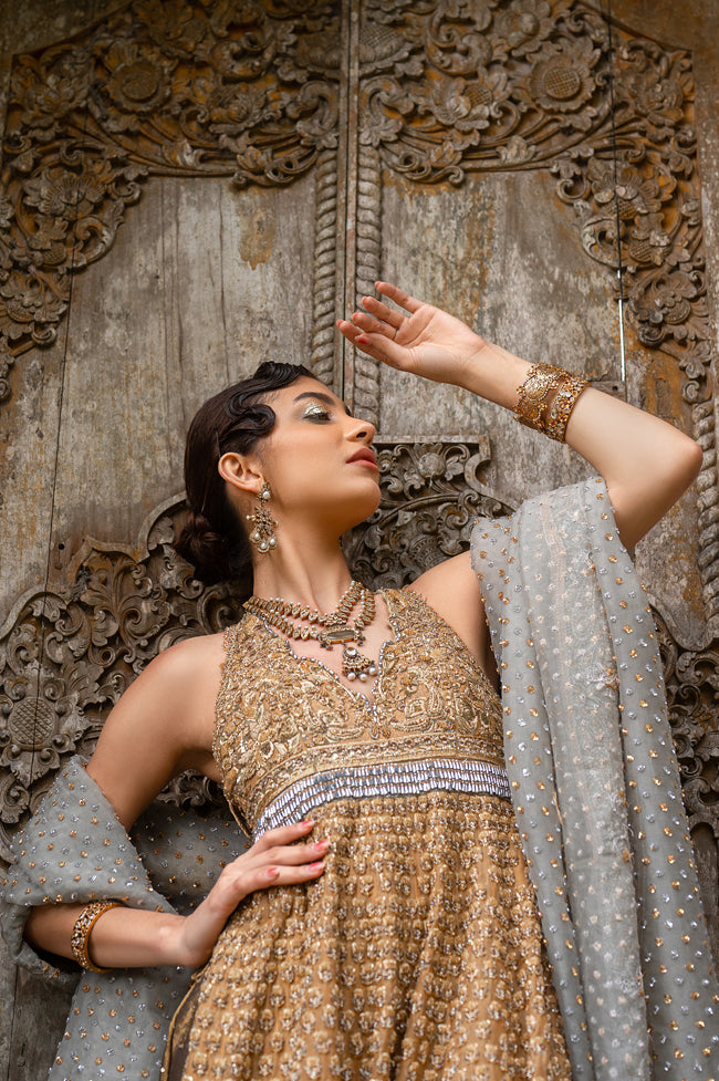 Pakistani Antique Gold & Grey Embroidered Organza Gown (3-Piece) - Image 6