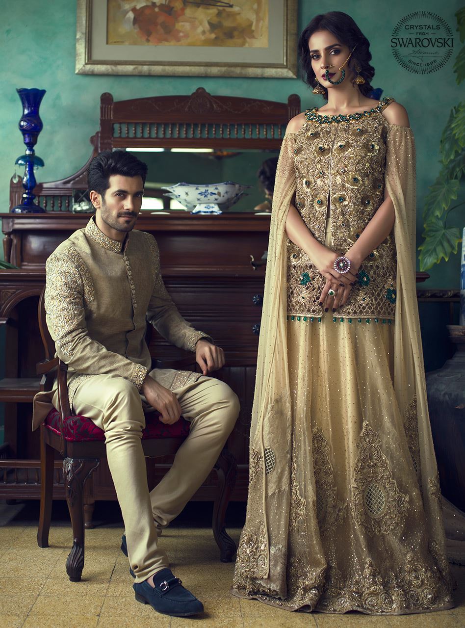 Pakistani Gold Embellished Organza Net Bridal Gown (2-Piece) - Image 1