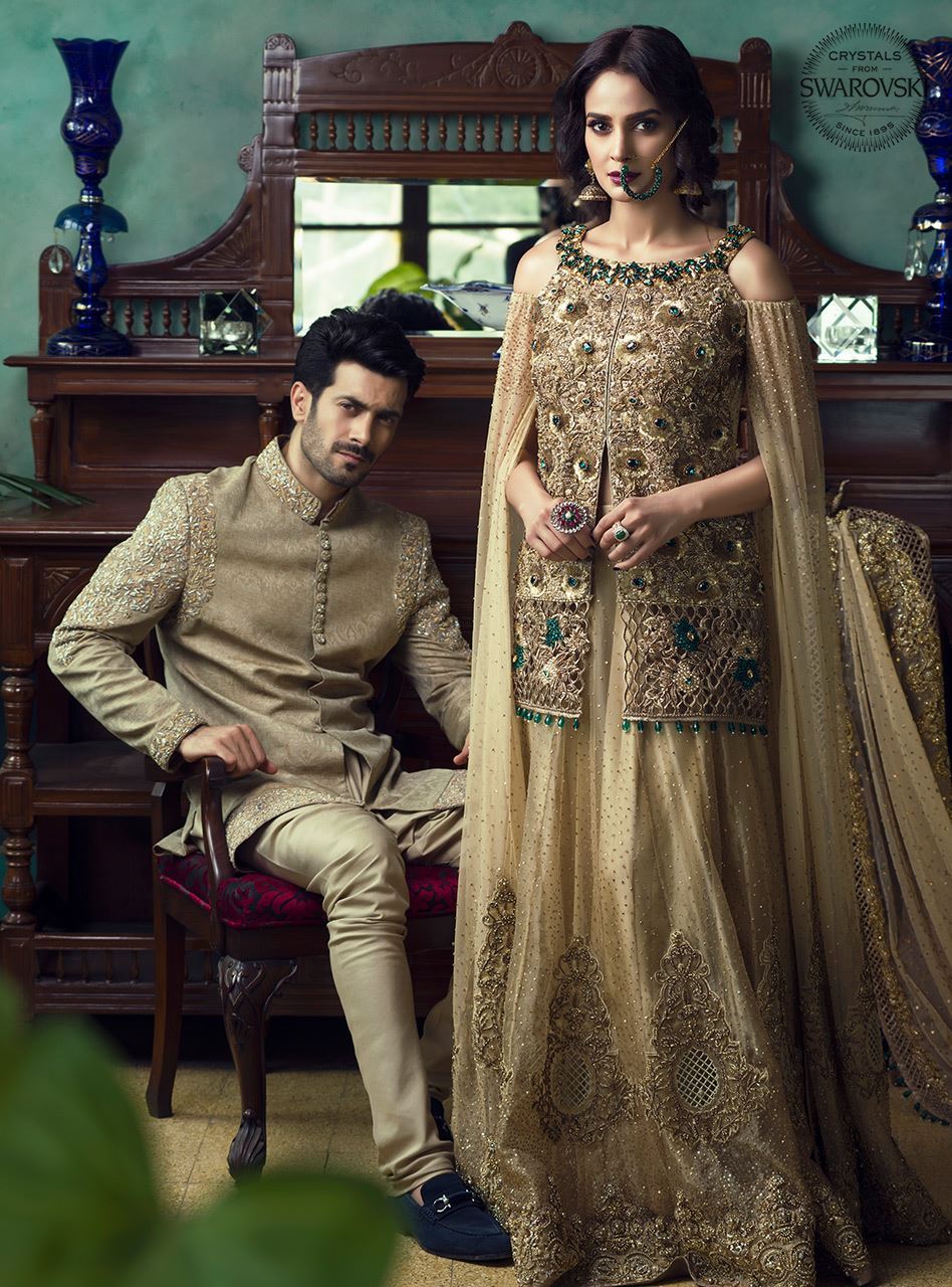 Pakistani Gold Embellished Organza Net Bridal Gown (2-Piece) - Image 2