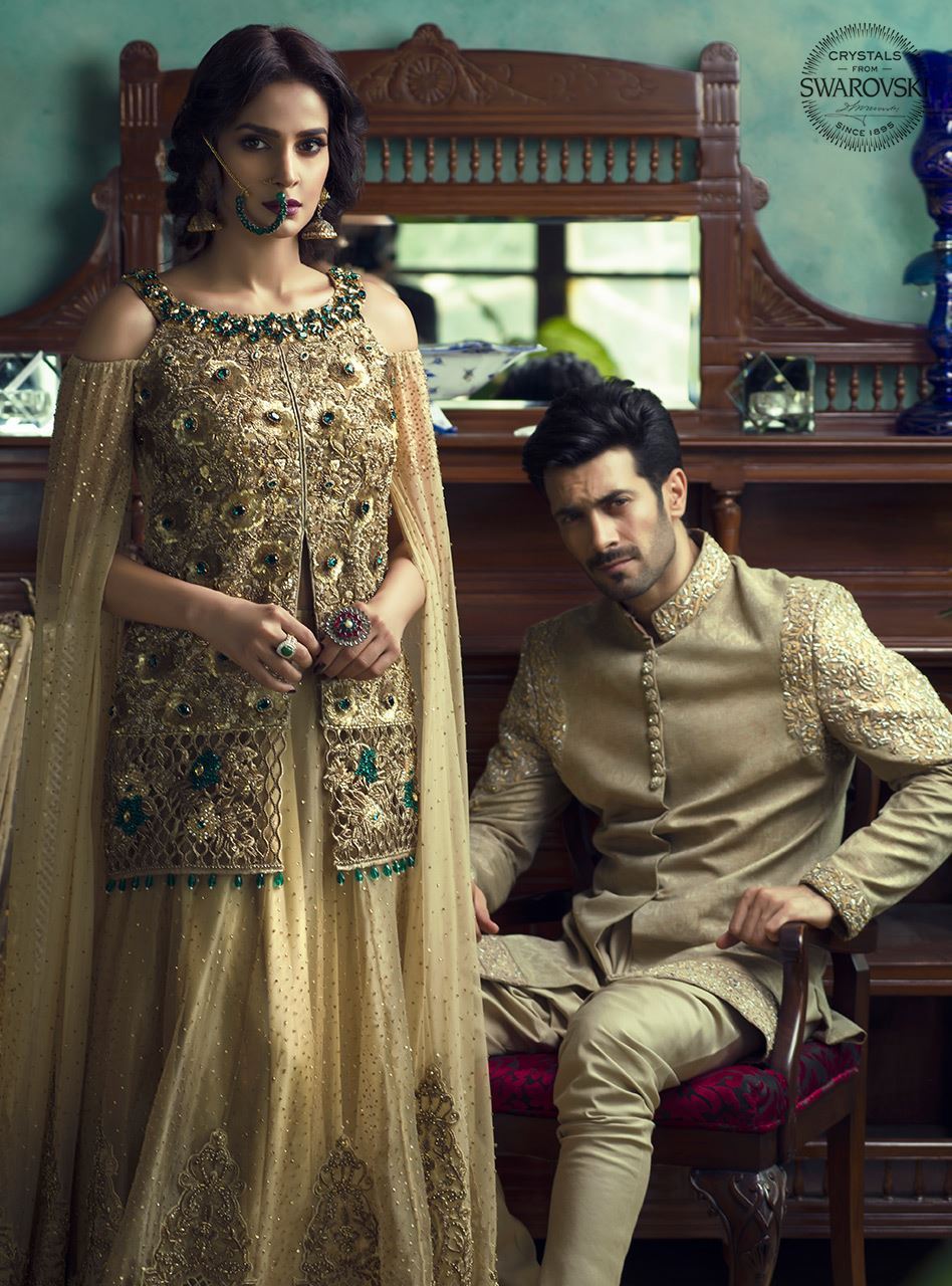 Pakistani Gold Embellished Organza Net Bridal Gown (2-Piece) - Image 3