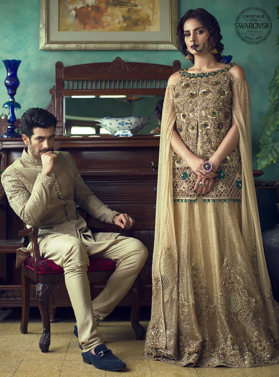 Pakistani Gold Embellished Organza Net Bridal Gown (2-Piece) - Image 4