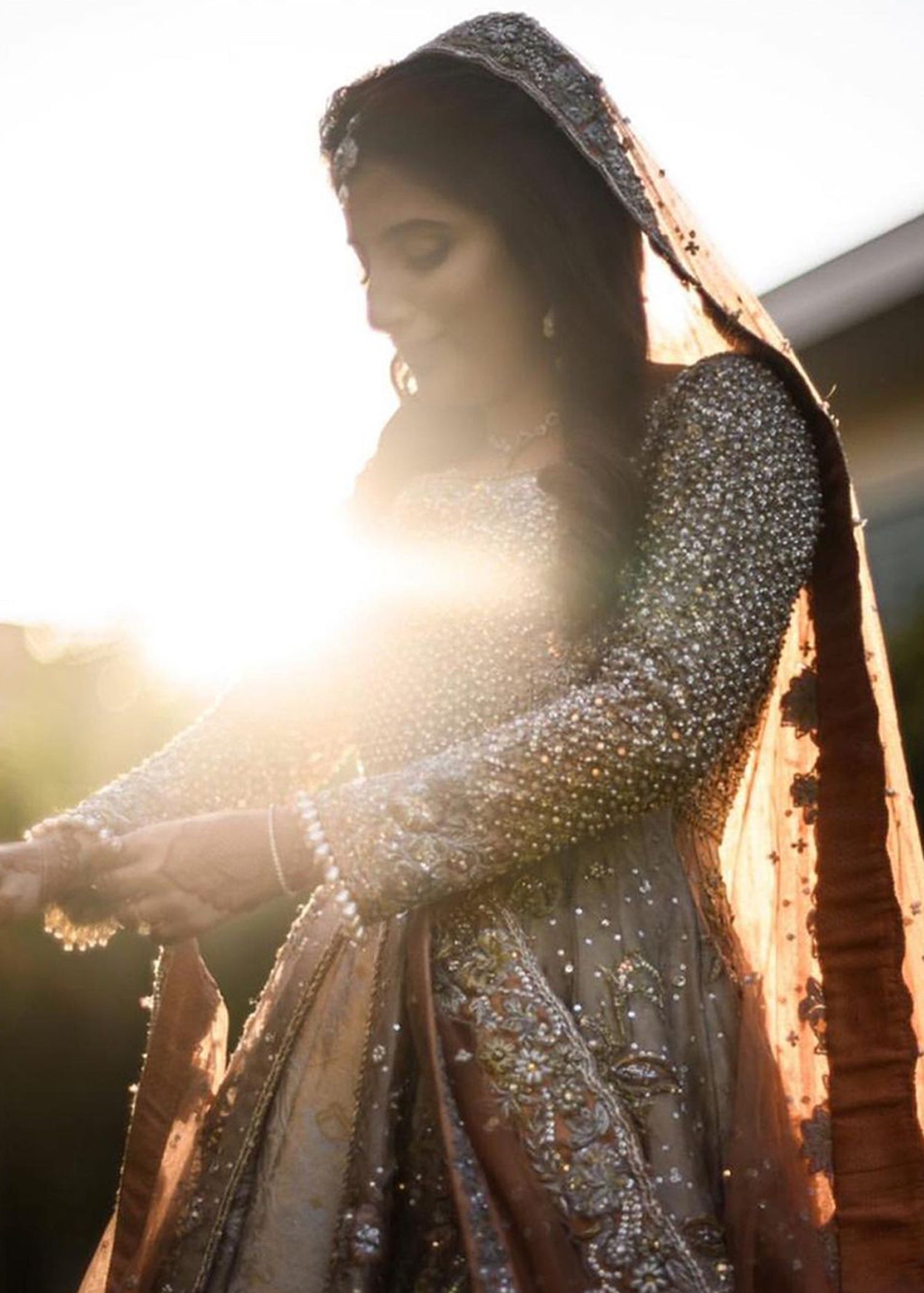 Pakistani Antique Gold Embellished Organza Silk Bridal Gown (2-Piece) - Image 1