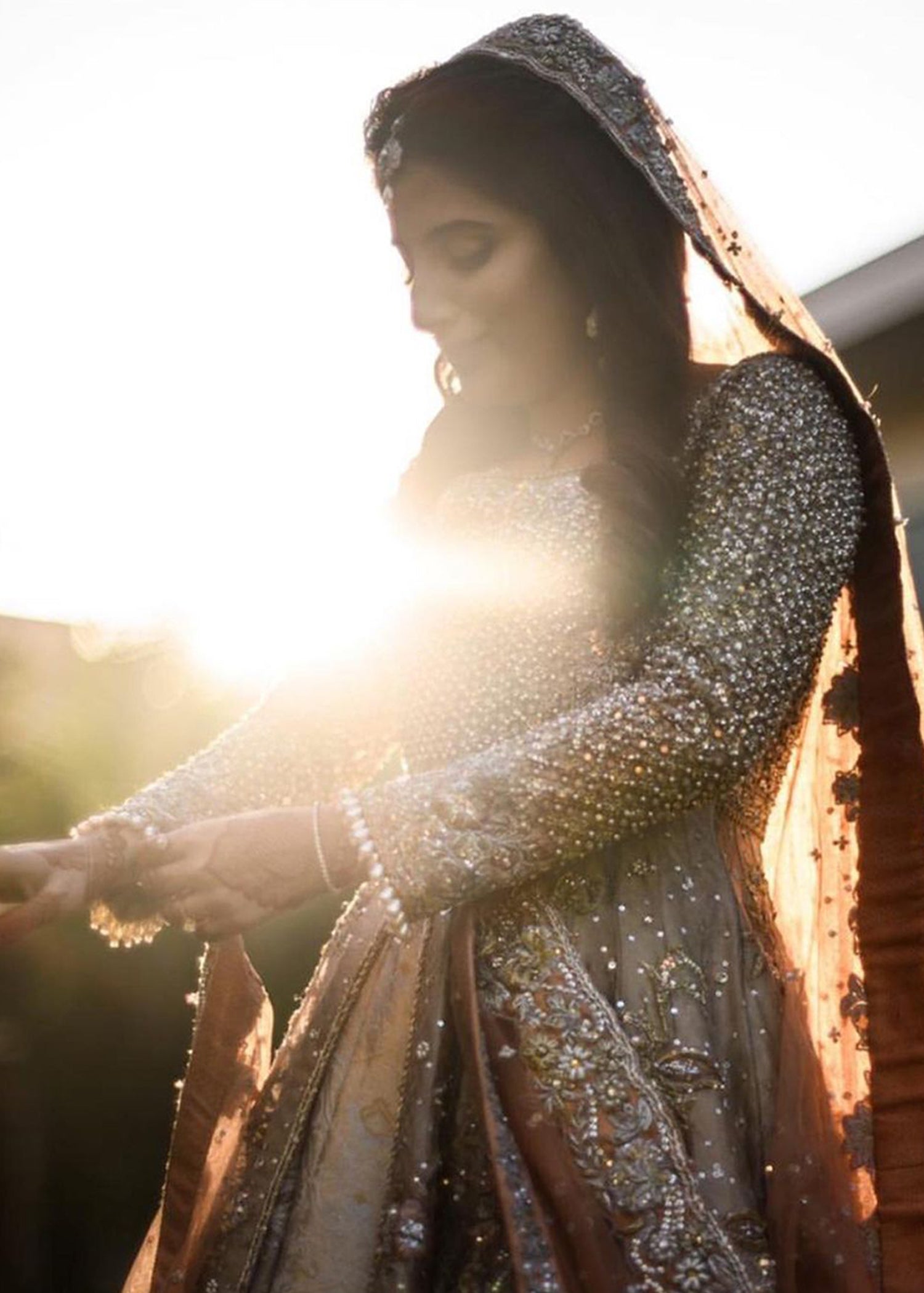 Pakistani Antique Gold Embellished Organza Silk Bridal Gown (2-Piece) - Image 2