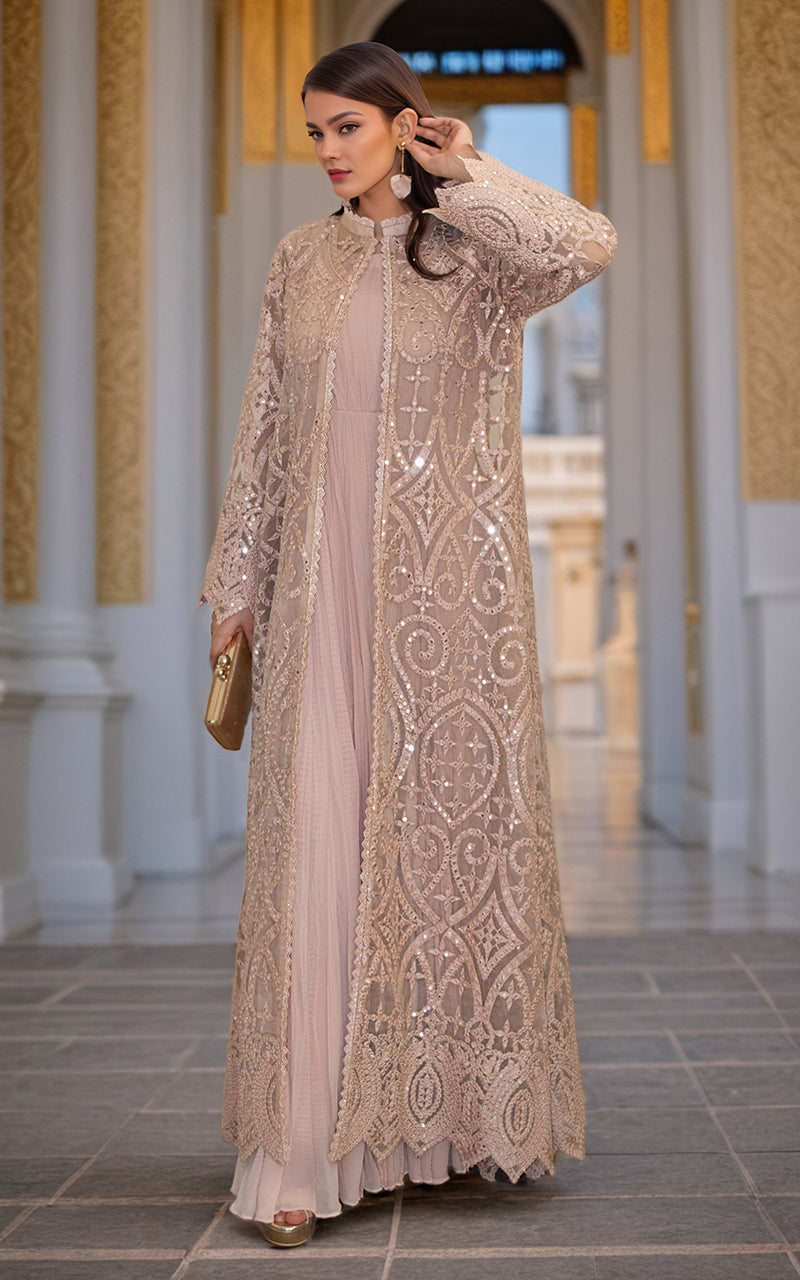Pakistani Champagne Embroidered Organza Jacket with Crushed Maxi (2-Piece) - Image 1