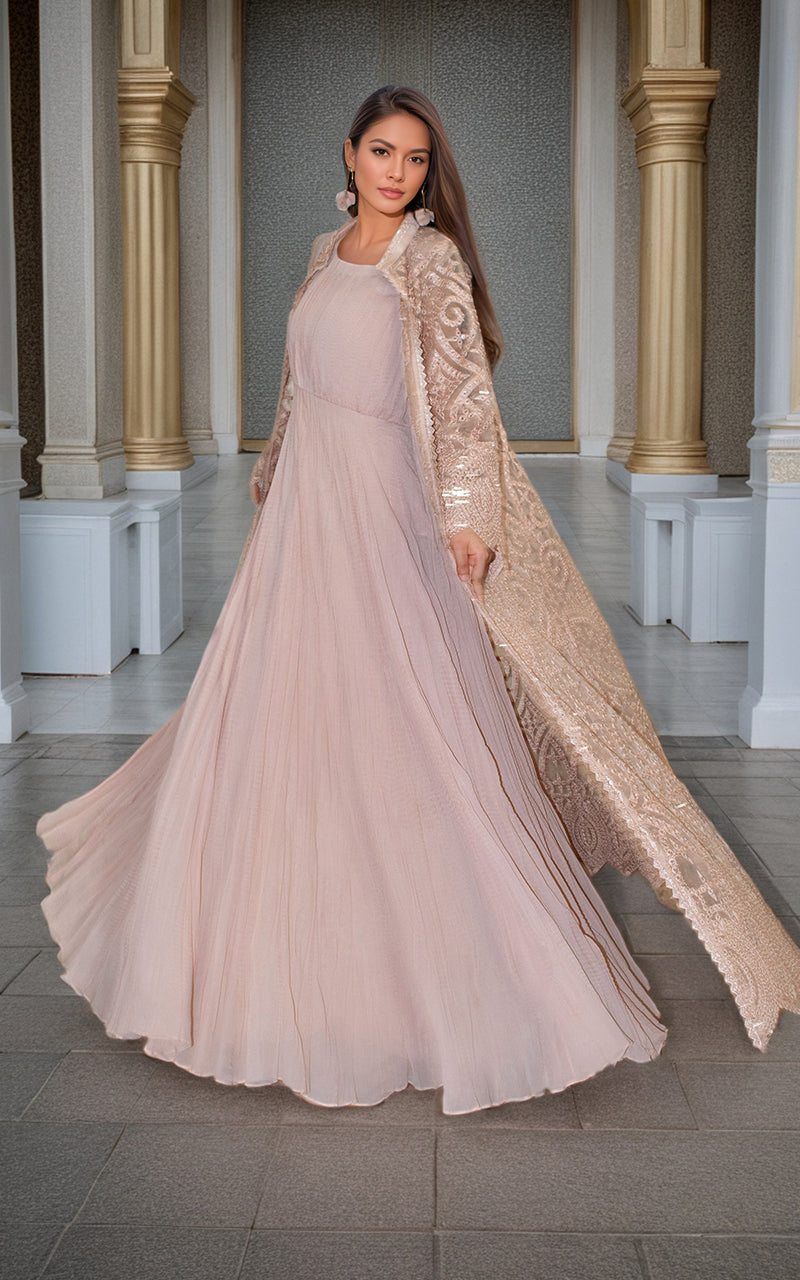 Pakistani Champagne Embroidered Organza Jacket with Crushed Maxi (2-Piece) - Image 2