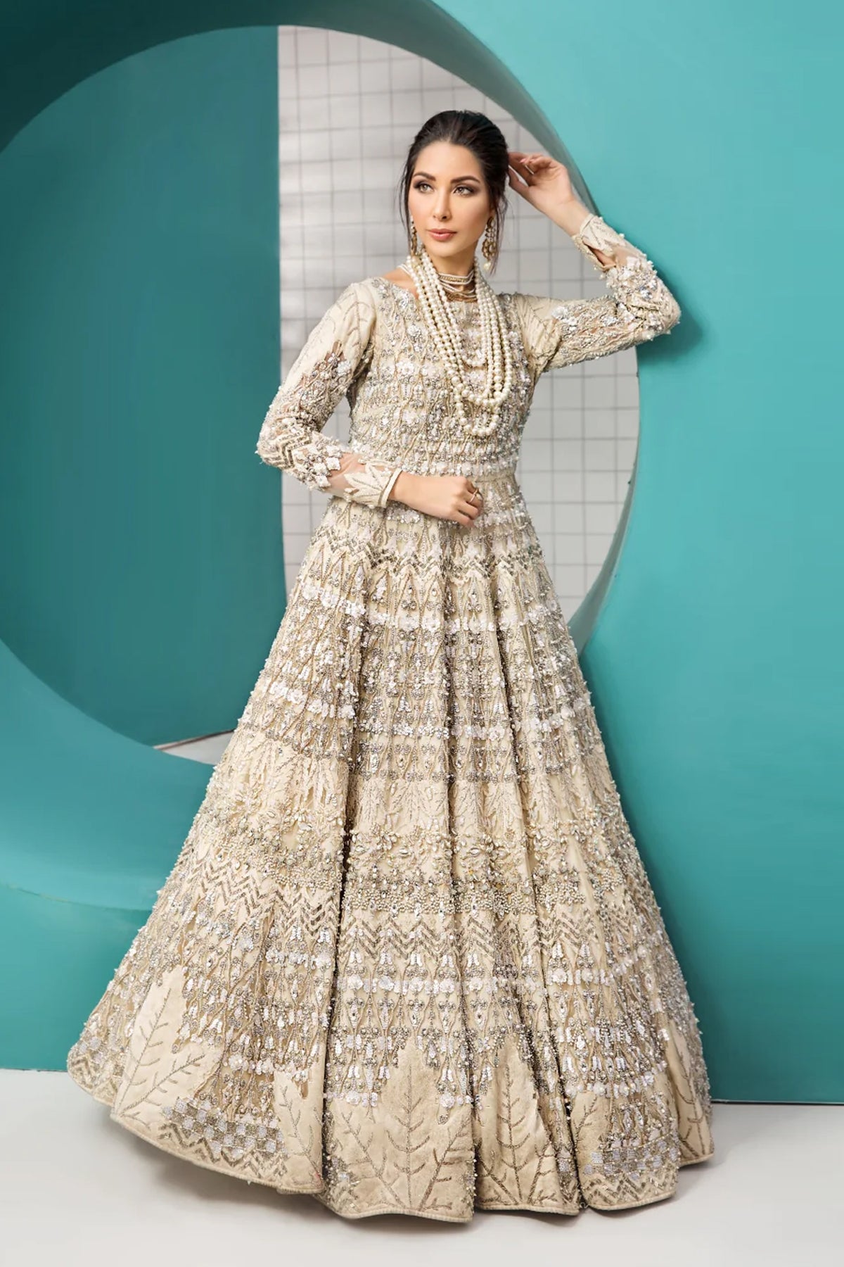 Champagne Embellished Organza Net Bridal Gown (1-Pc) - Image 1