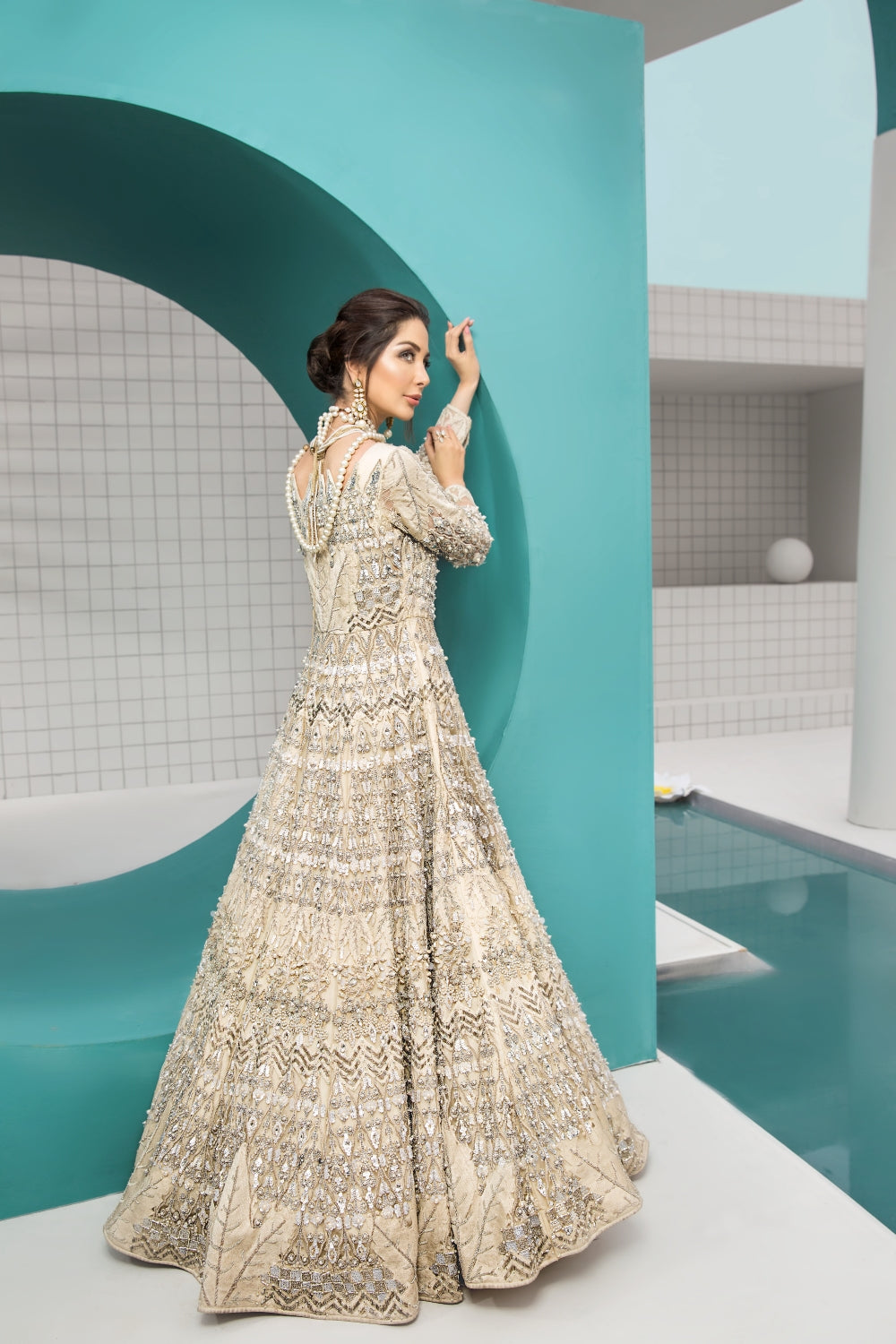 Champagne Embellished Organza Net Bridal Gown (1-Pc) - Image 3