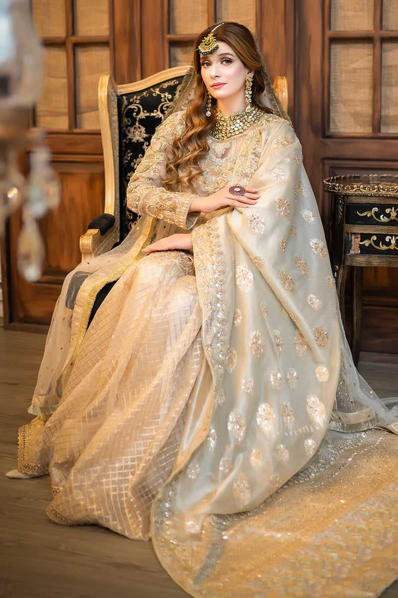 Peach Gold Embellished Net Organza Bridal Gown (2-Piece) - Image 3