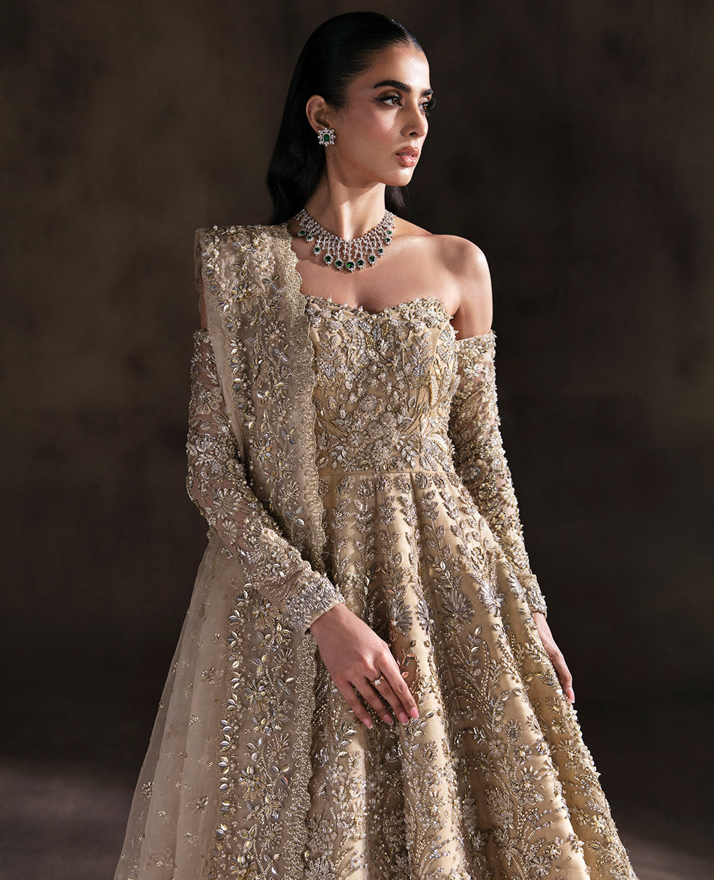Champagne Embellished Organza Net Bridal Lehenga Gown (2-Piece) - Image 1