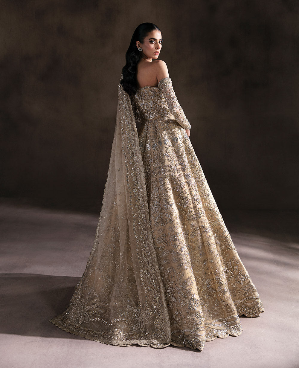 Champagne Embellished Organza Net Bridal Lehenga Gown (2-Piece) - Image 3