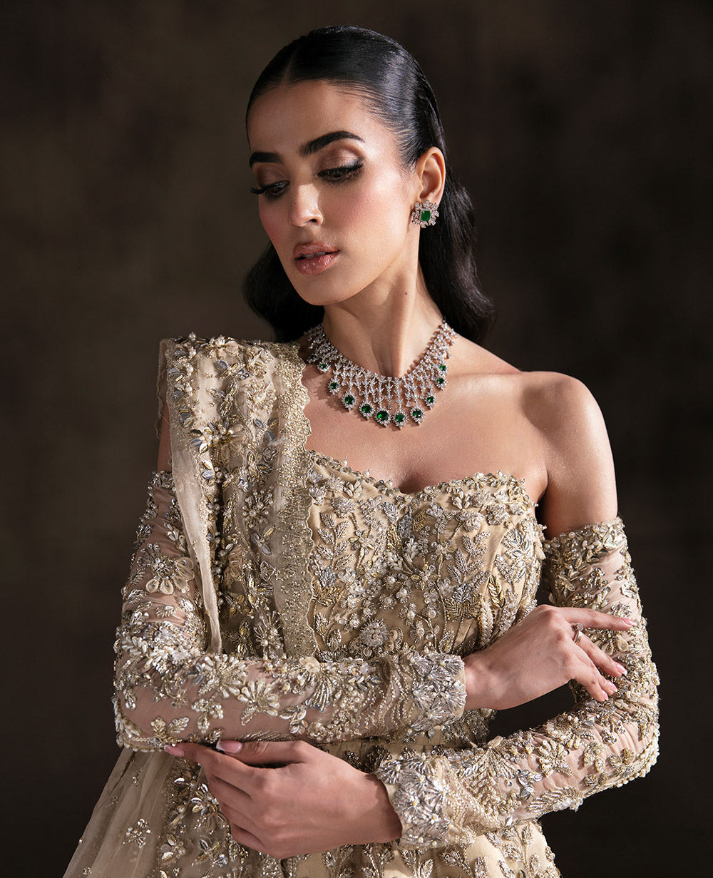 Champagne Embellished Organza Net Bridal Lehenga Gown (2-Piece) - Image 4