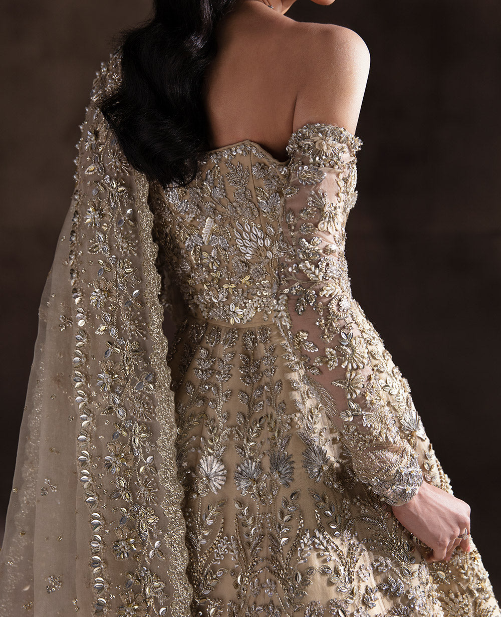 Champagne Embellished Organza Net Bridal Lehenga Gown (2-Piece) - Image 5