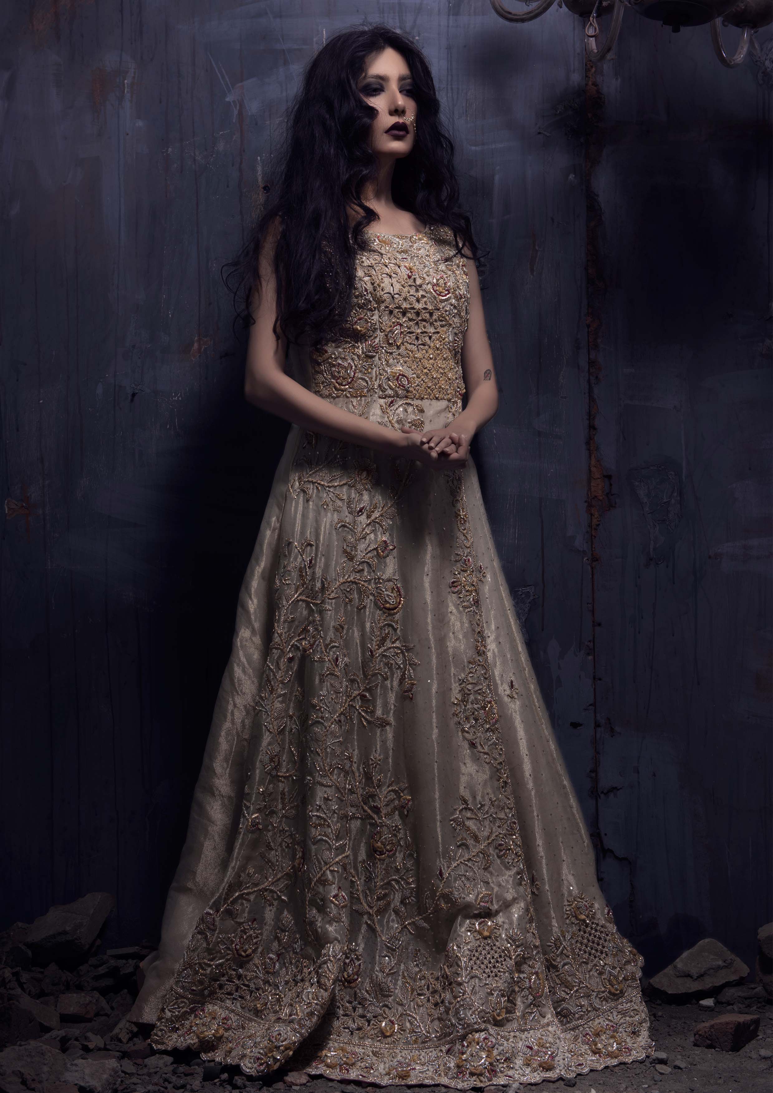 Gold Embellished Organza Bridal Gown (1-Pc) - Image 1