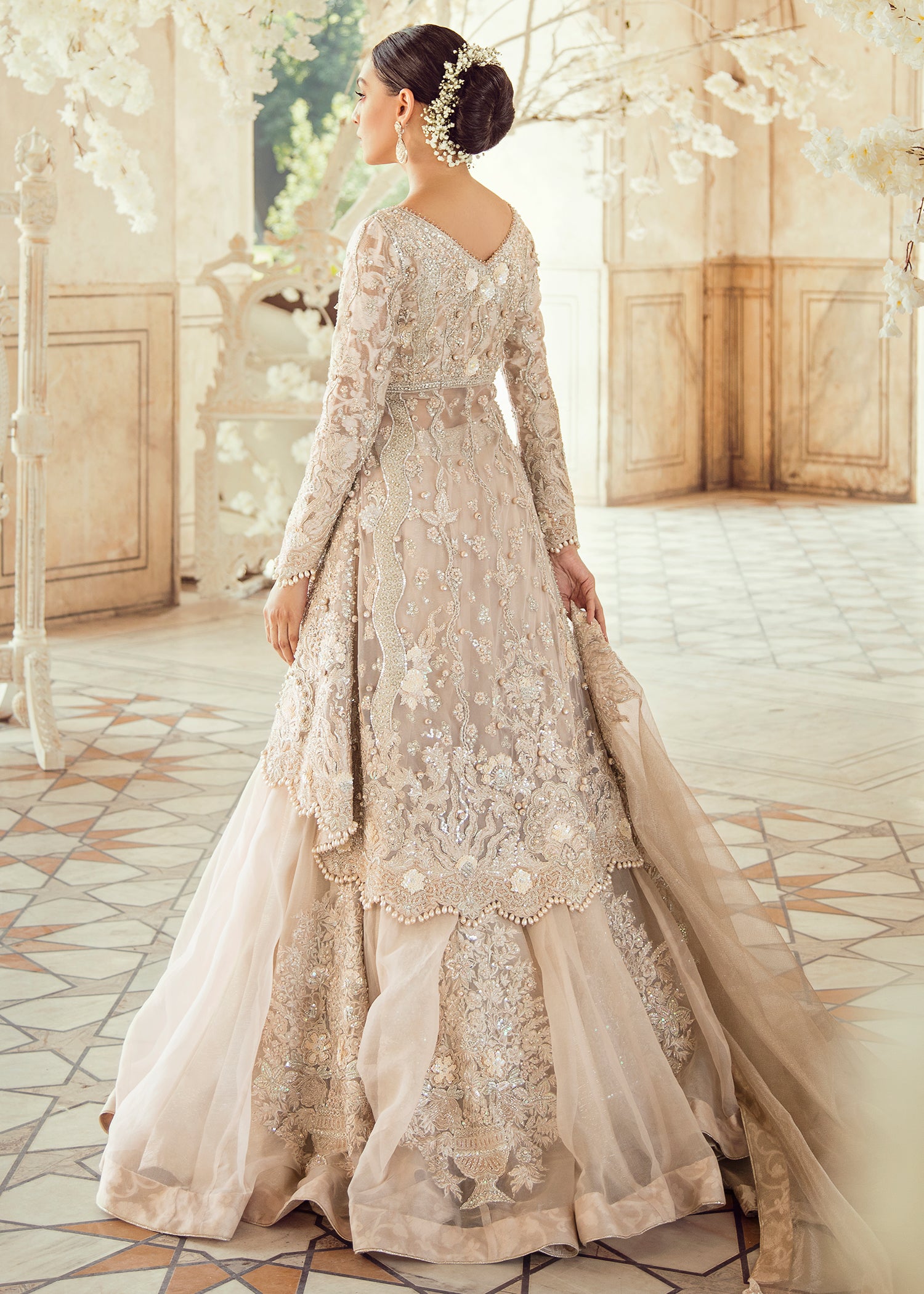 Champagne Embroidered Net Organza Bridal Gown (3-Piece) - Image 2