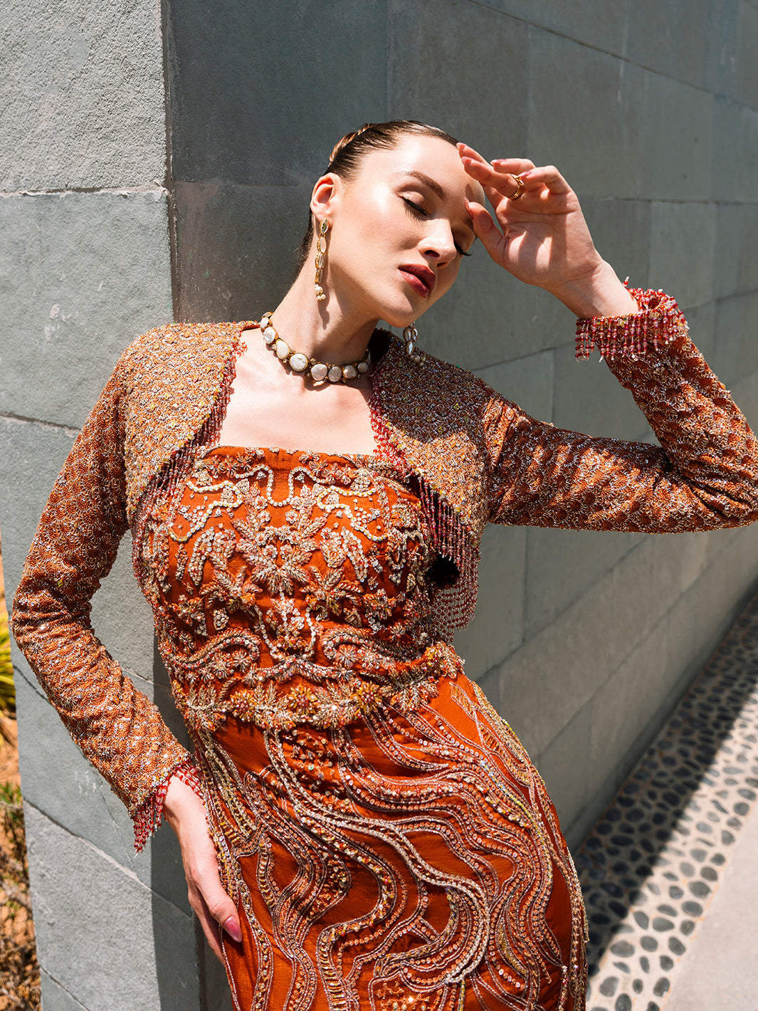 Indian Ochre Embroidered Organza Gown (3-Piece) - Image 2