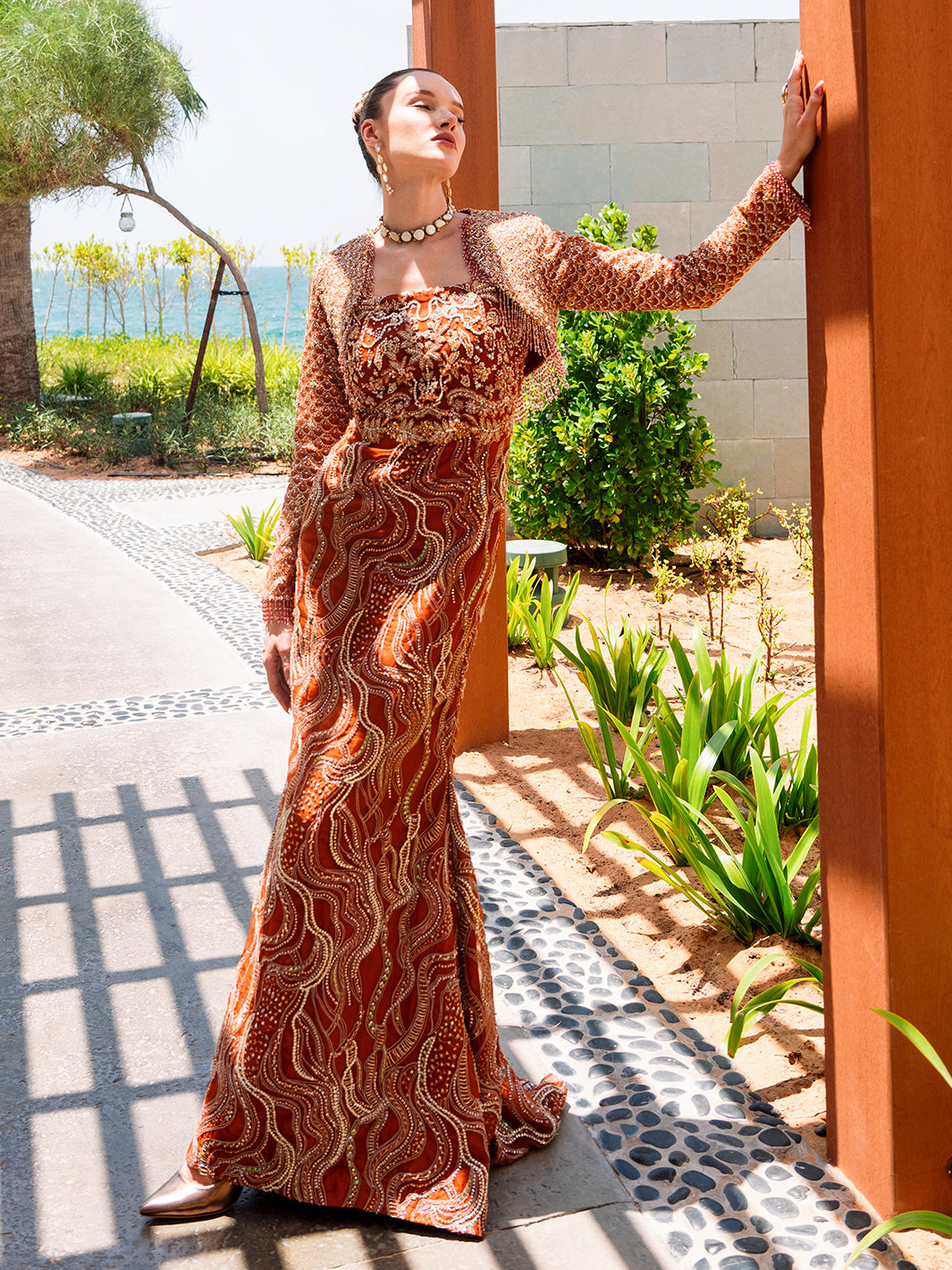 Indian Ochre Embroidered Organza Gown (3-Piece) - Image 4