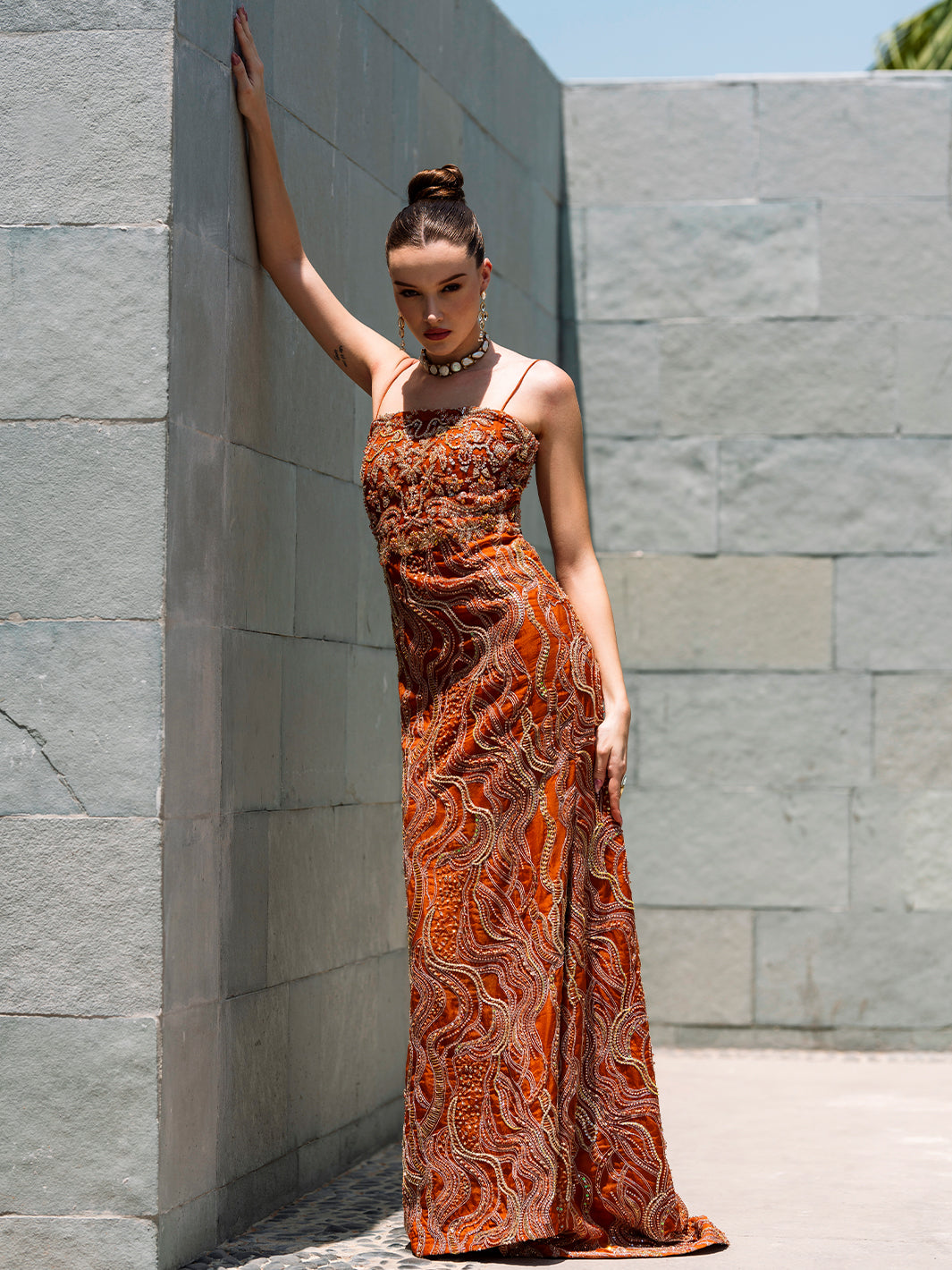 Indian Ochre Embroidered Organza Gown (3-Piece) - Image 6