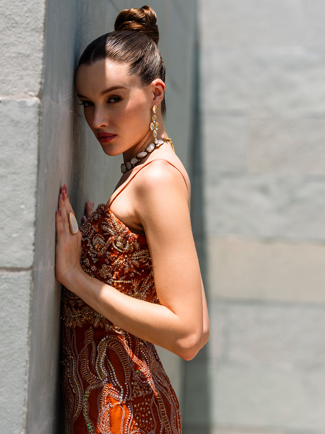 Indian Ochre Embroidered Organza Gown (3-Piece) - Image 7