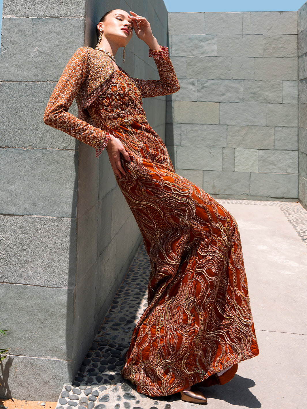 Indian Ochre Embroidered Organza Gown (3-Piece) - Image 8