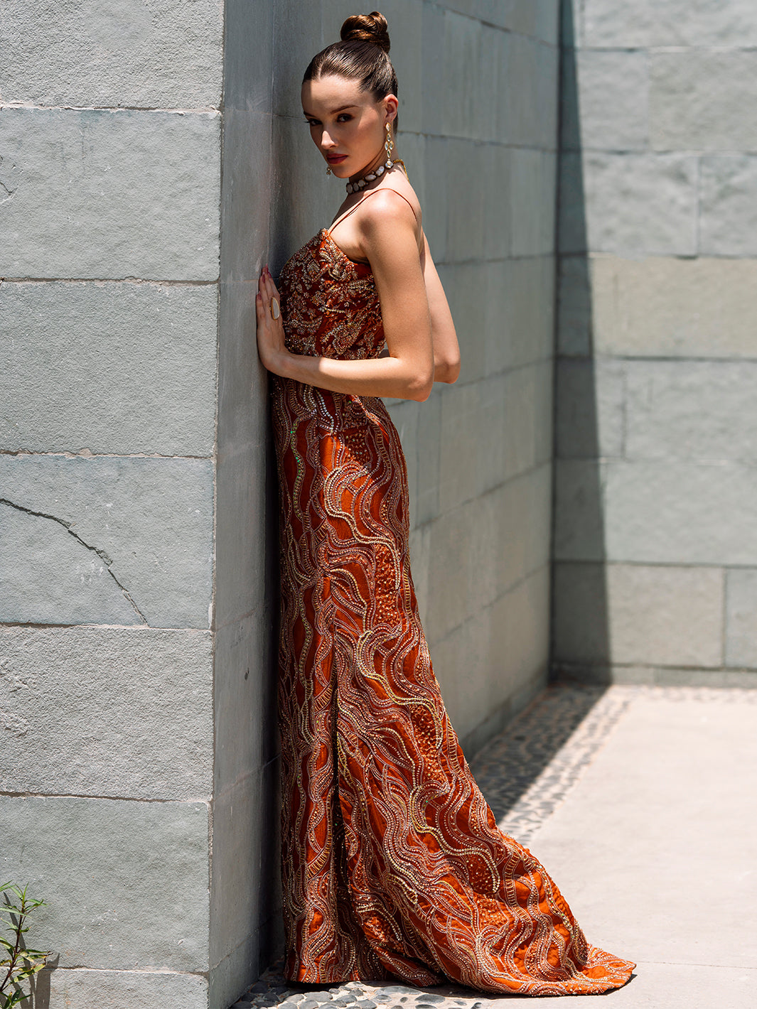 Indian Ochre Embroidered Organza Gown (3-Piece) - Image 9
