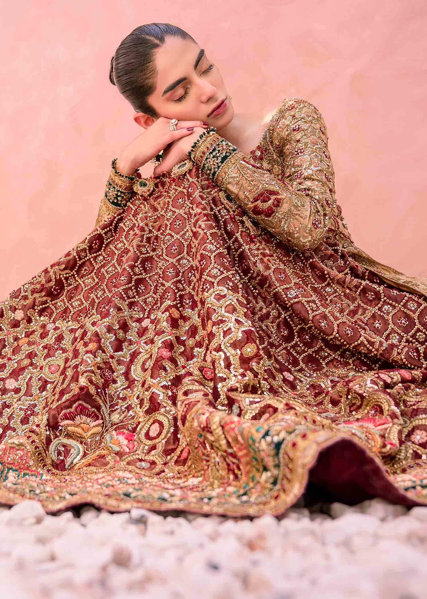 Pakistani Gold and Maroon Embroidered Net Bridal Gown (2-Piece) - Image 2