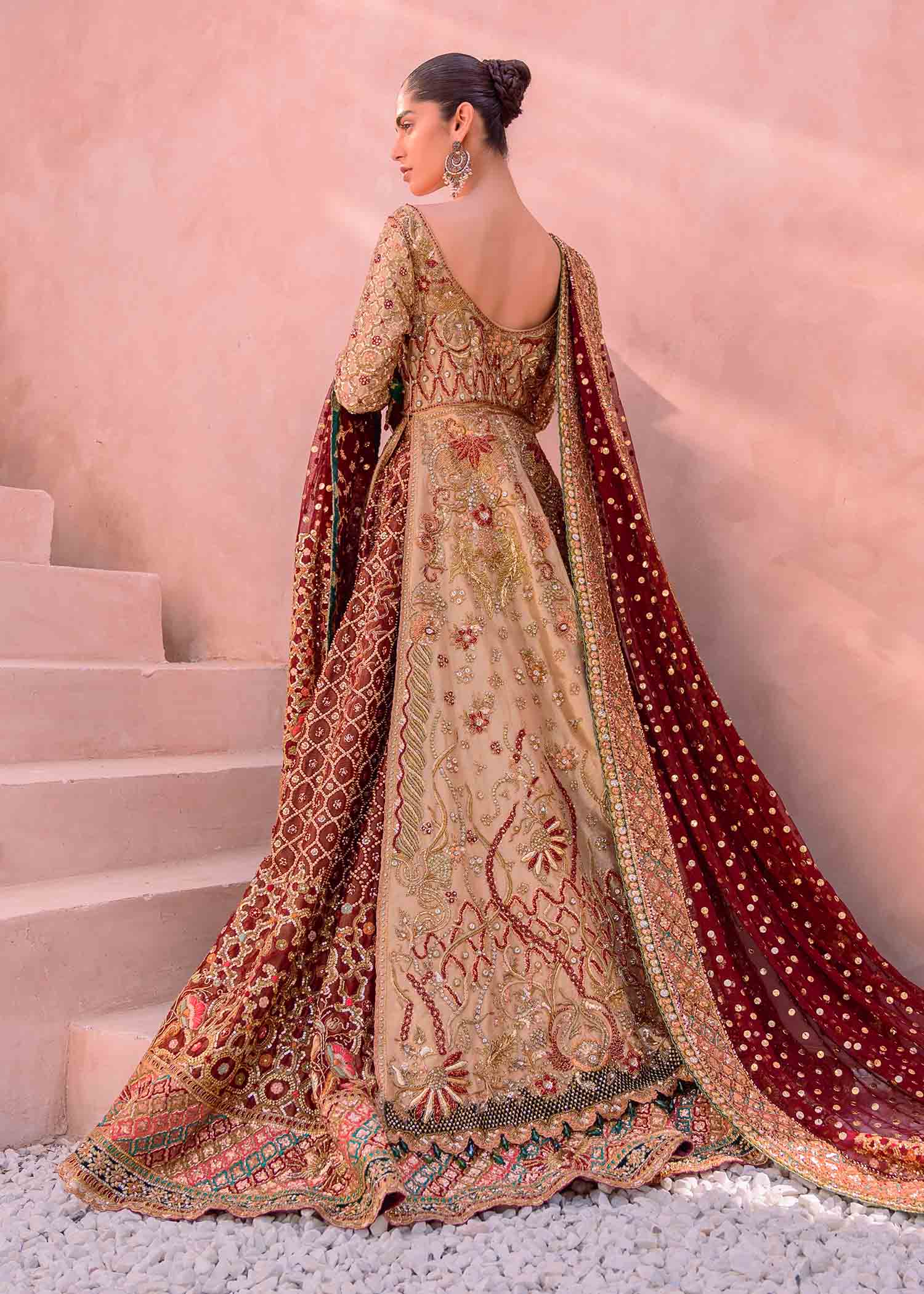 Pakistani Gold and Maroon Embroidered Net Bridal Gown (2-Piece) - Image 4