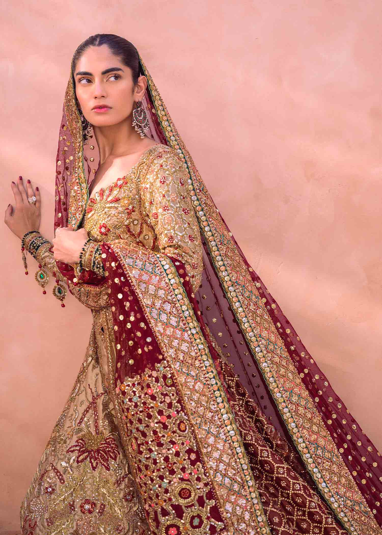 Pakistani Gold Maroon Embellished Organza Silk Bridal Gown (2-Piece) - Image 3