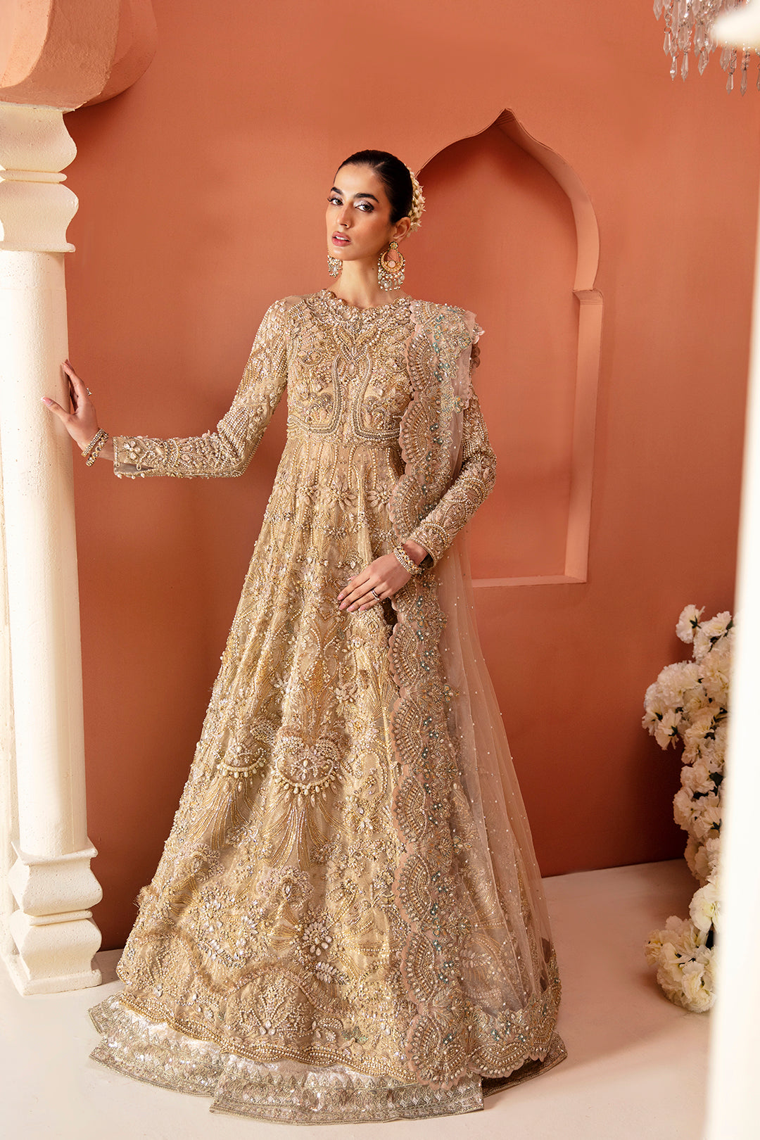 Pakistani Gold Embellished Silk-Blend Bridal Gown (2-Piece) - Image 1