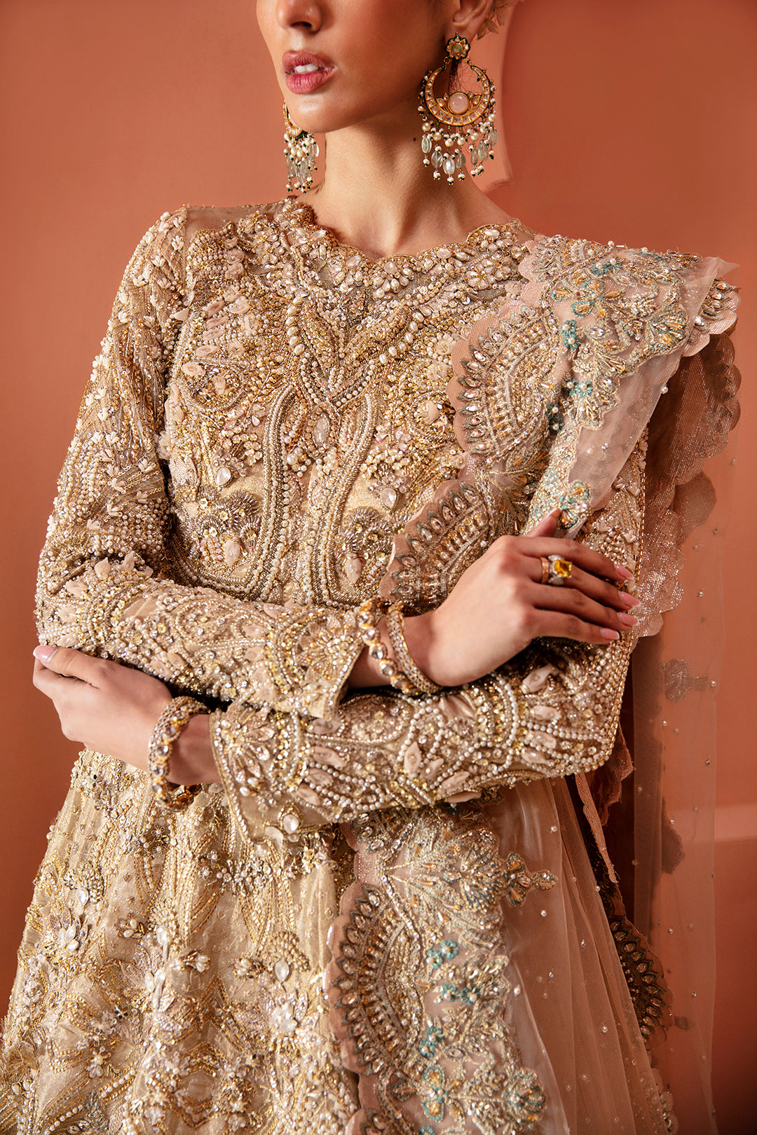 Pakistani Gold Embellished Silk-Blend Bridal Gown (2-Piece) - Image 2