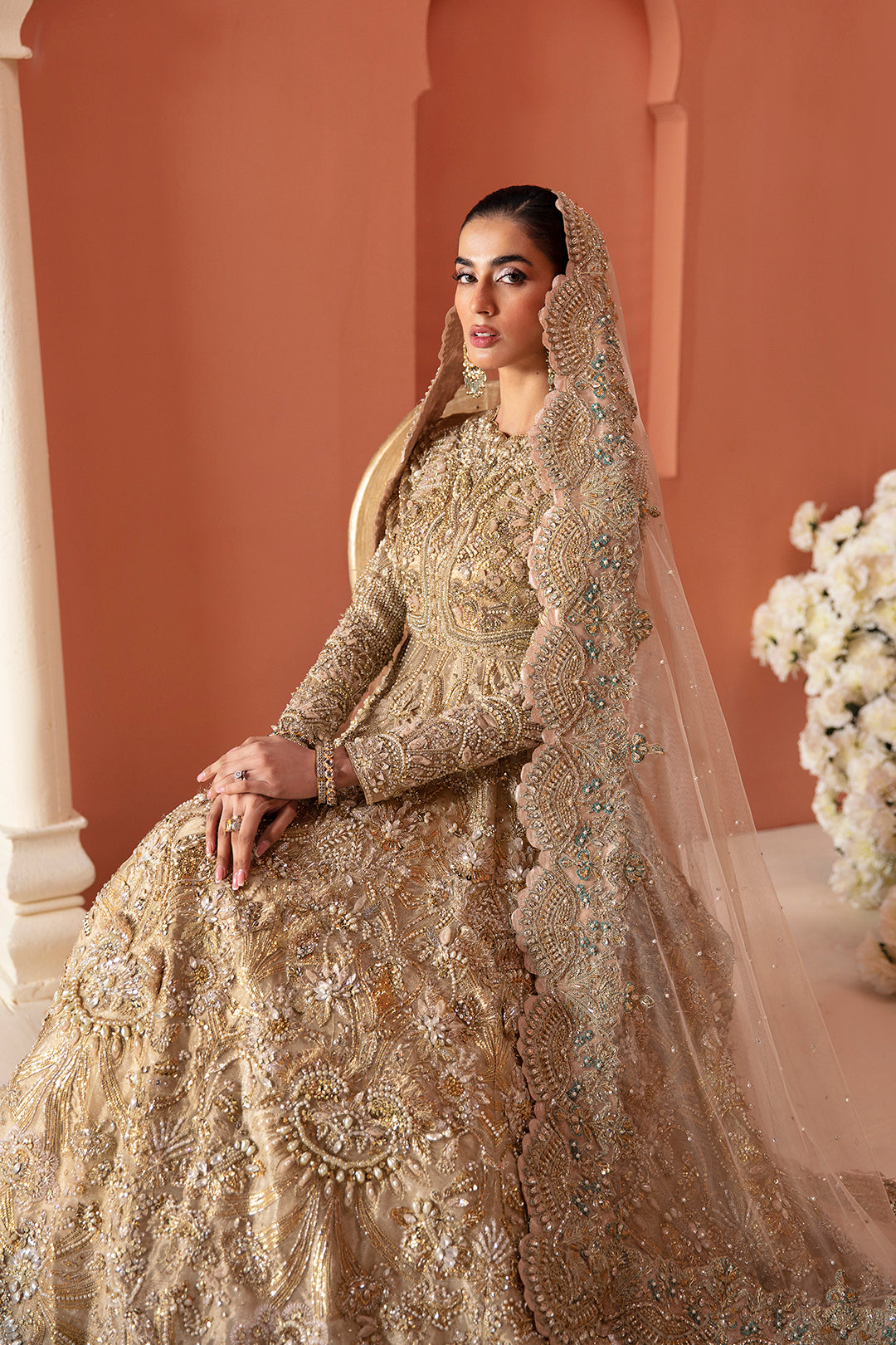 Pakistani Gold Embellished Silk-Blend Bridal Gown (2-Piece) - Image 3