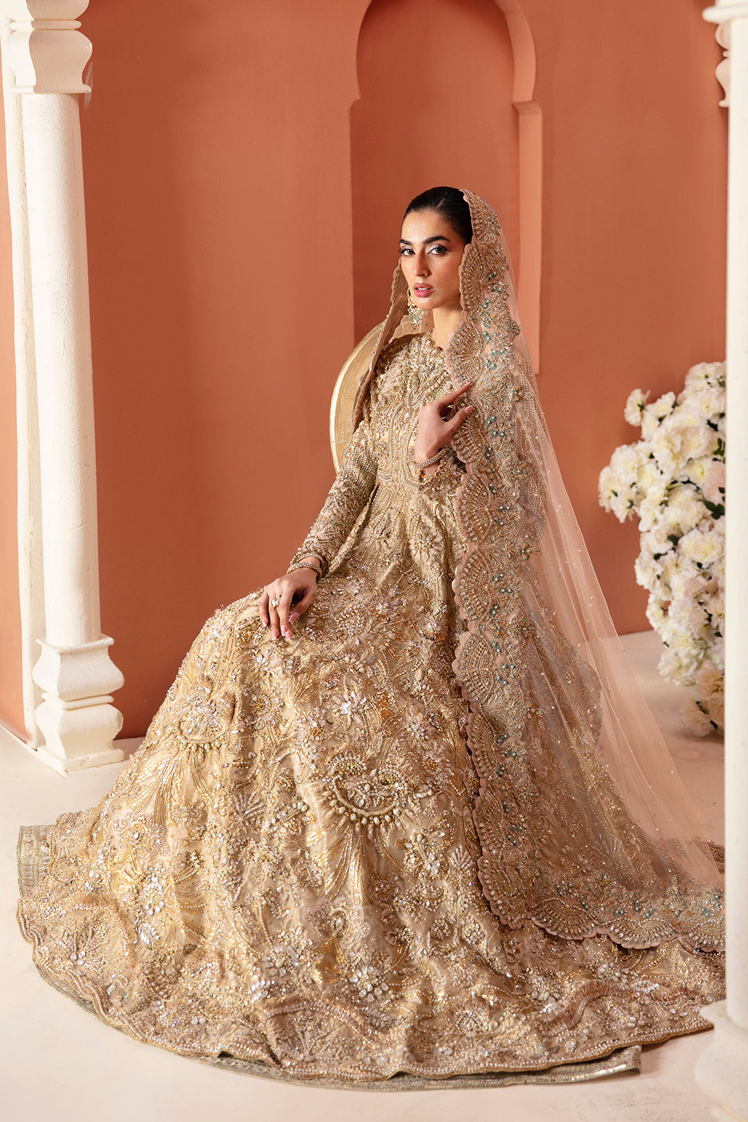 Pakistani Gold Embellished Silk-Blend Bridal Gown (2-Piece) - Image 4