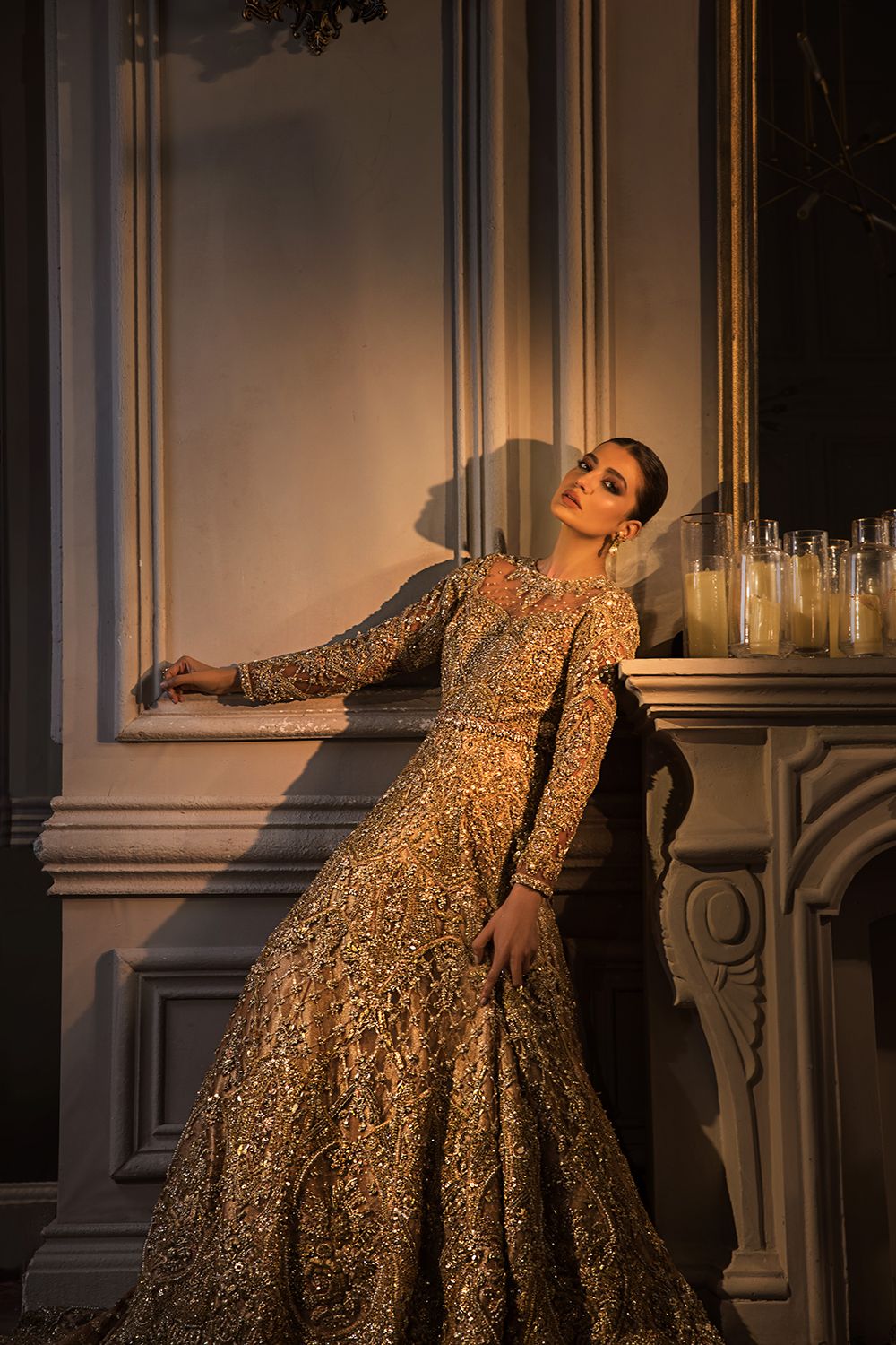 Antique Gold Embellished Net Organza Bridal Gown (1-Pc) - Image 1