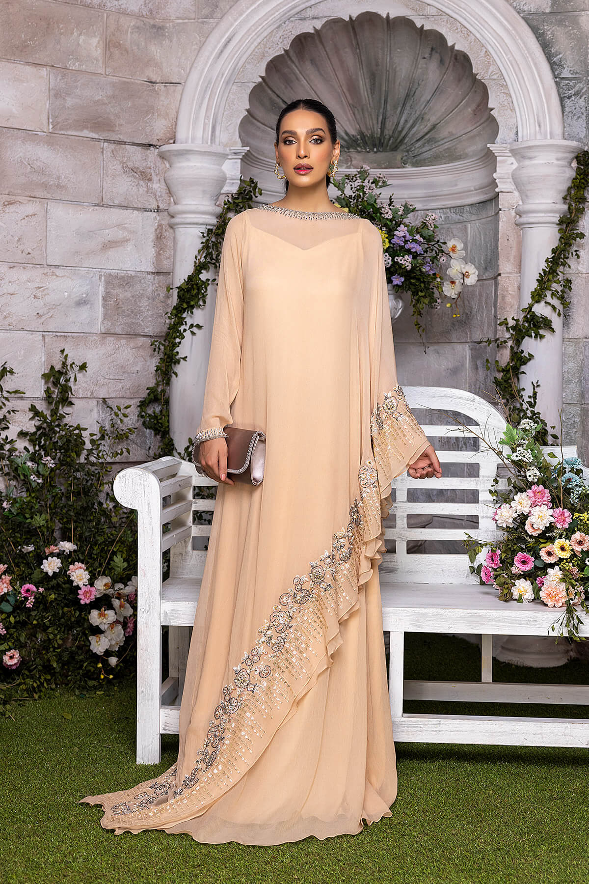 Champagne Embroidered Pearl Chiffon & Kataan Silk Gown (2-Piece) - Image 1