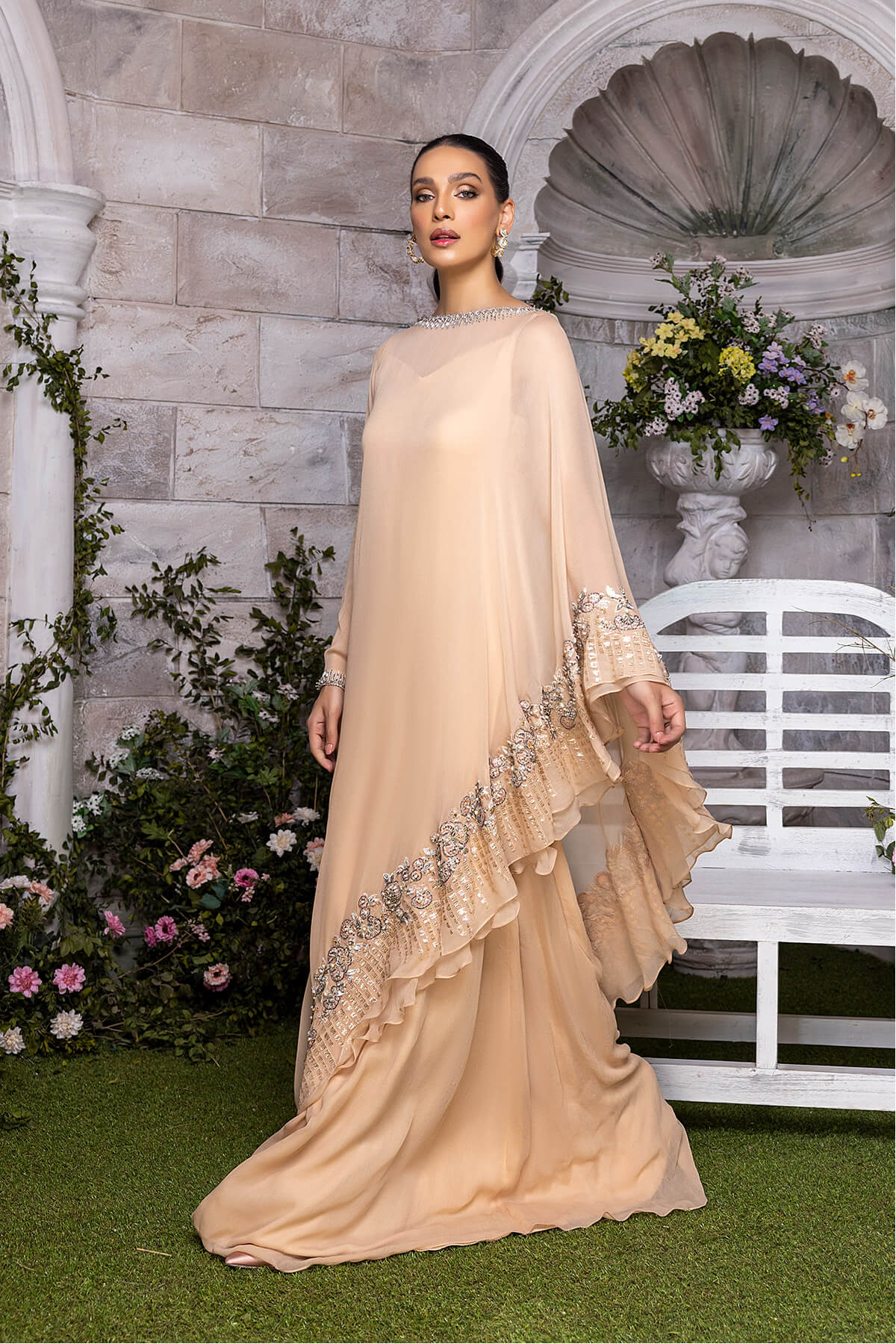Champagne Embroidered Pearl Chiffon & Kataan Silk Gown (2-Piece) - Image 2