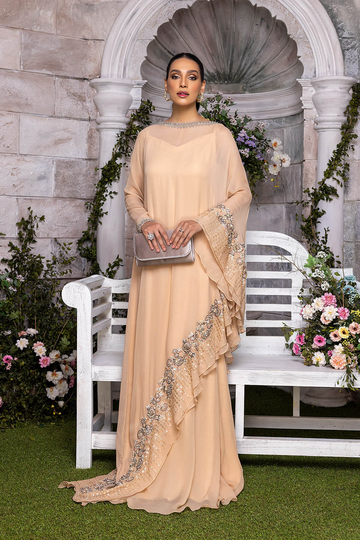 Champagne Embroidered Pearl Chiffon & Kataan Silk Gown (2-Piece) - Image 3