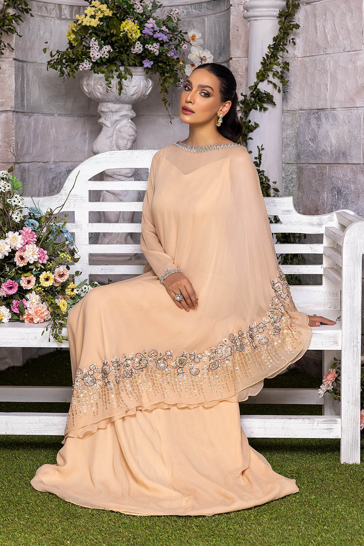 Champagne Embroidered Pearl Chiffon & Kataan Silk Gown (2-Piece) - Image 4