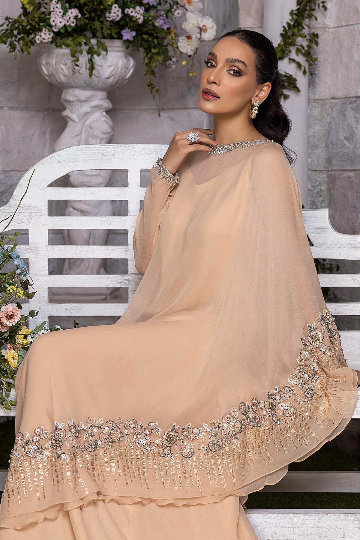 Champagne Embroidered Pearl Chiffon & Kataan Silk Gown (2-Piece) - Image 5