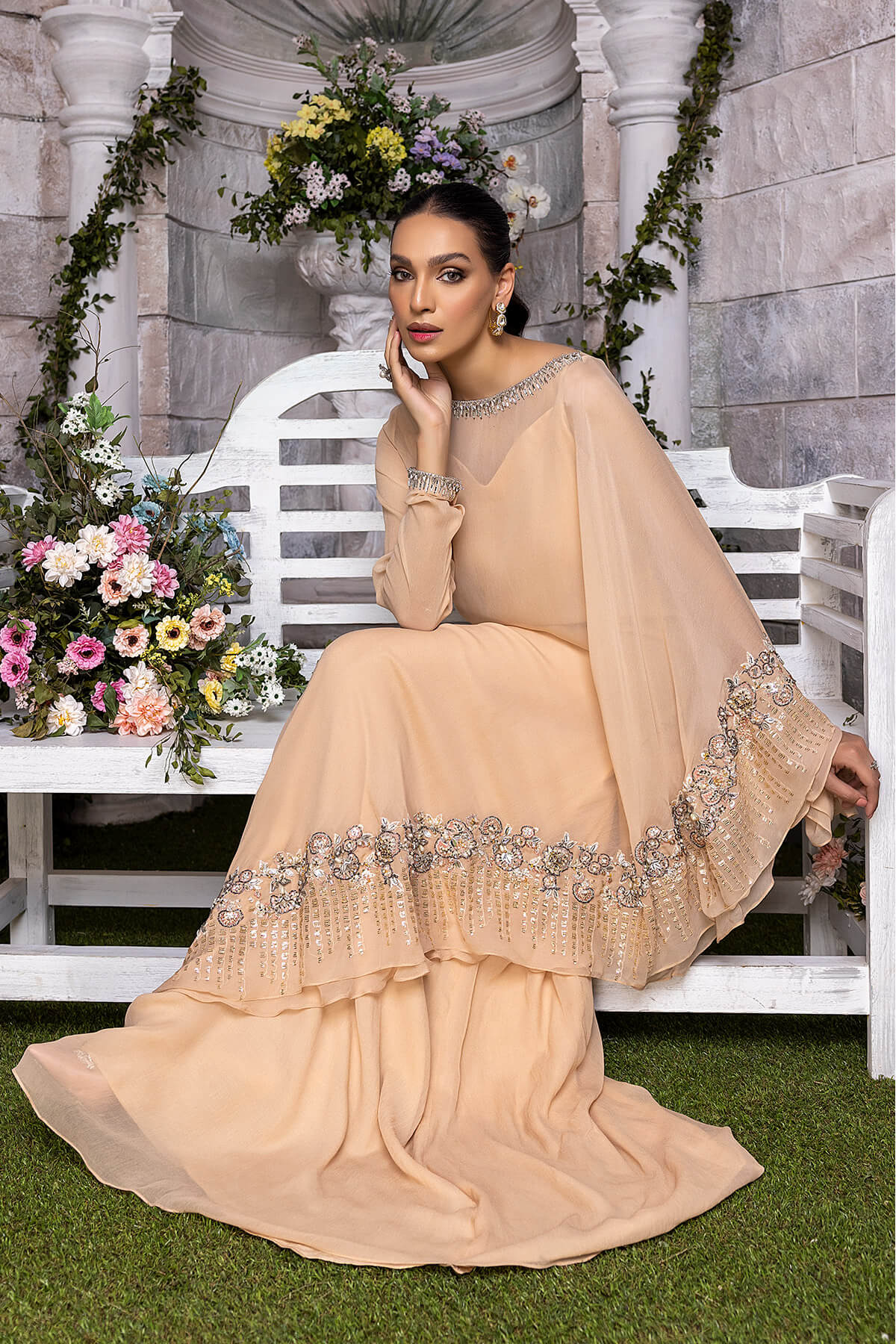 Champagne Embroidered Pearl Chiffon & Kataan Silk Gown (2-Piece) - Image 6