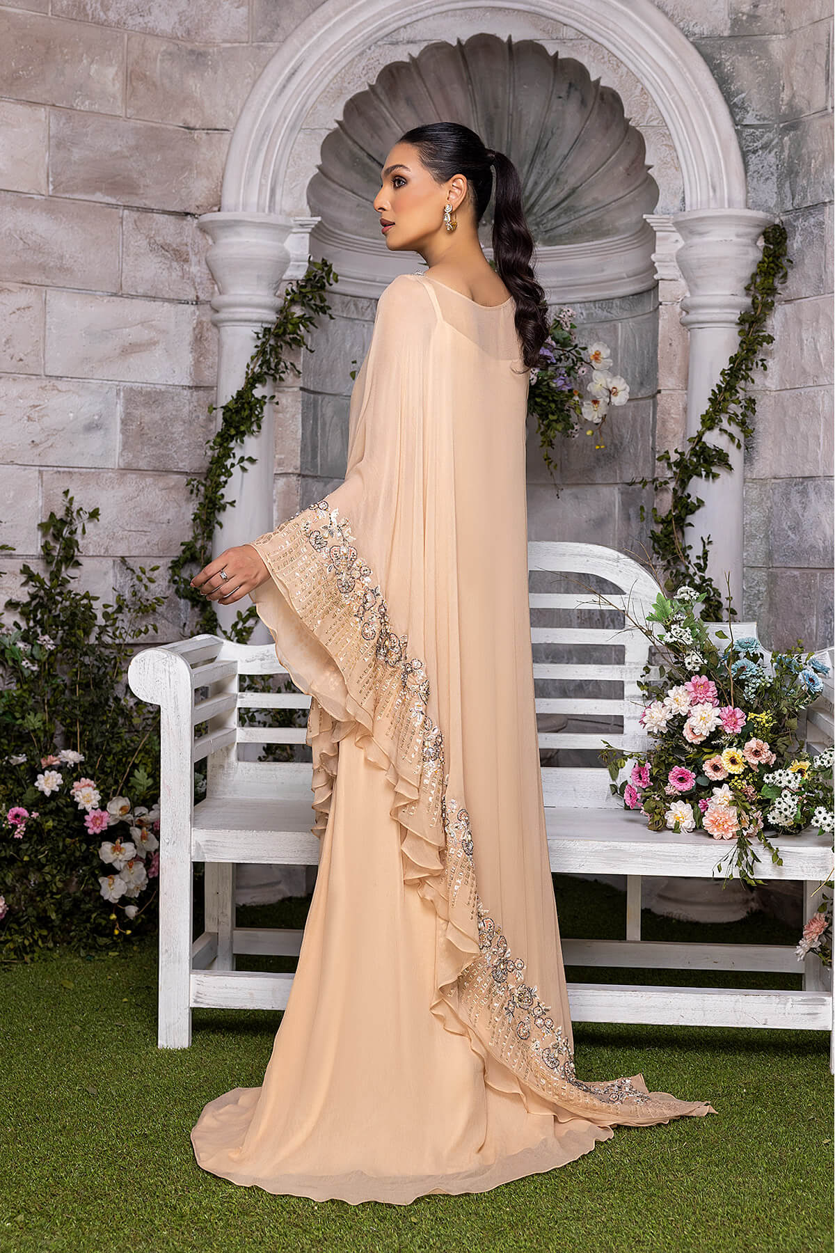 Champagne Embroidered Pearl Chiffon & Kataan Silk Gown (2-Piece) - Image 7