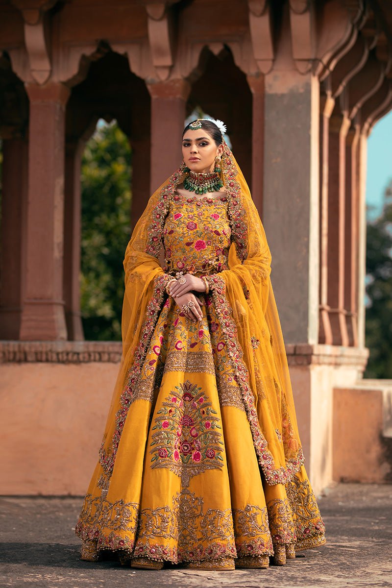 Mustard Gold Zardozi Pure Silk Bridal Gown (3-Piece) - Image 1