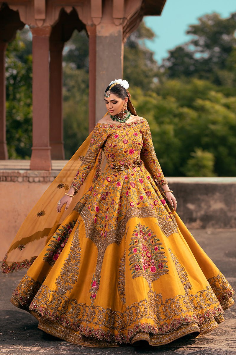 Mustard Gold Zardozi Pure Silk Bridal Gown (3-Piece) - Image 3