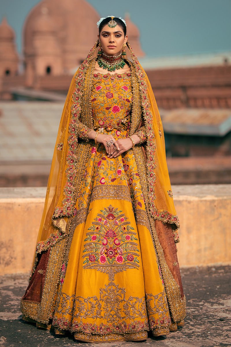 Mustard Gold Zardozi Pure Silk Bridal Gown (3-Piece) - Image 5