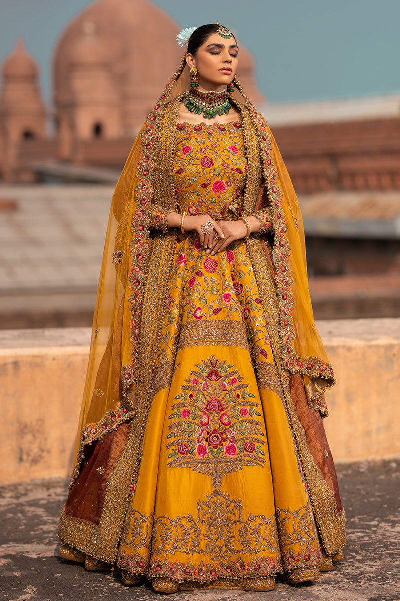 Mustard Gold Zardozi Pure Silk Bridal Gown (3-Piece) - Image 6