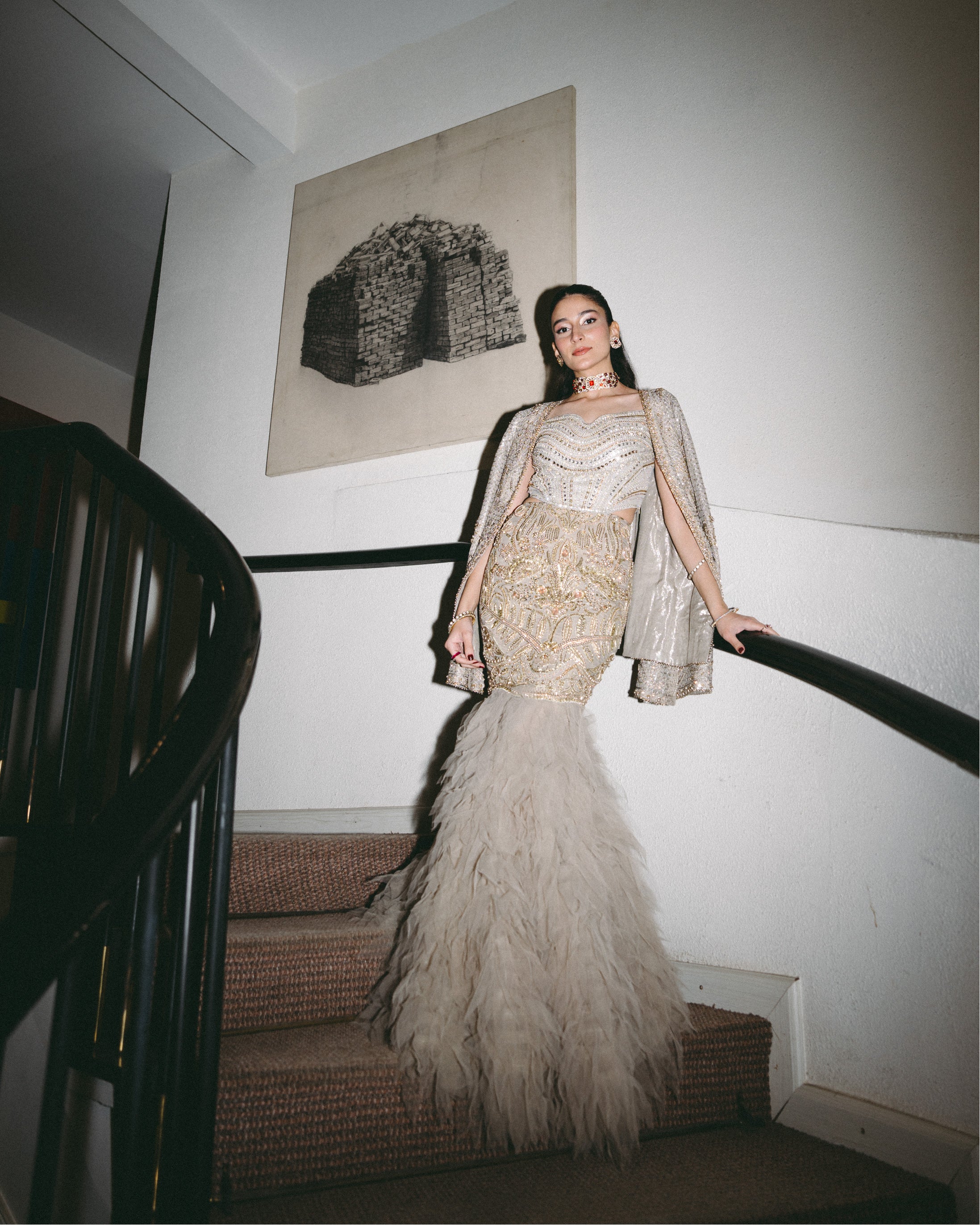 Pakistani Gold Embellished Raw Silk Mermaid Gown (2-Piece) - Image 1