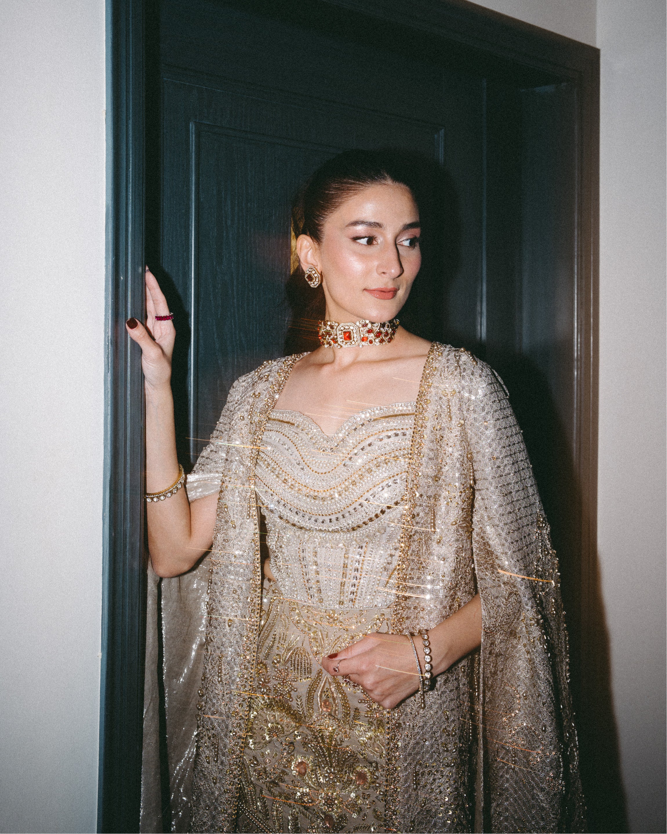 Pakistani Gold Embellished Raw Silk Mermaid Gown (2-Piece) - Image 2