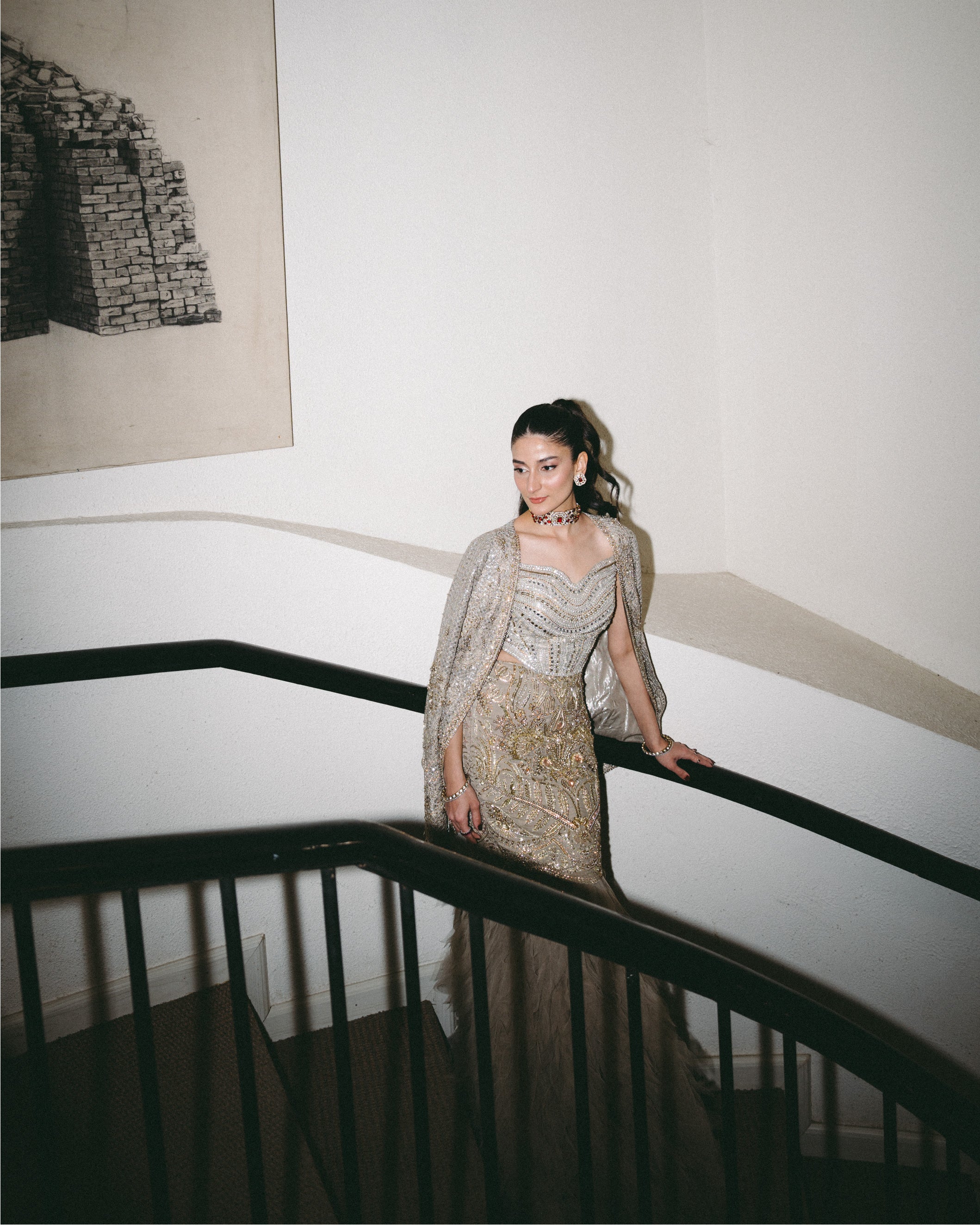 Pakistani Gold Embellished Raw Silk Mermaid Gown (2-Piece) - Image 3