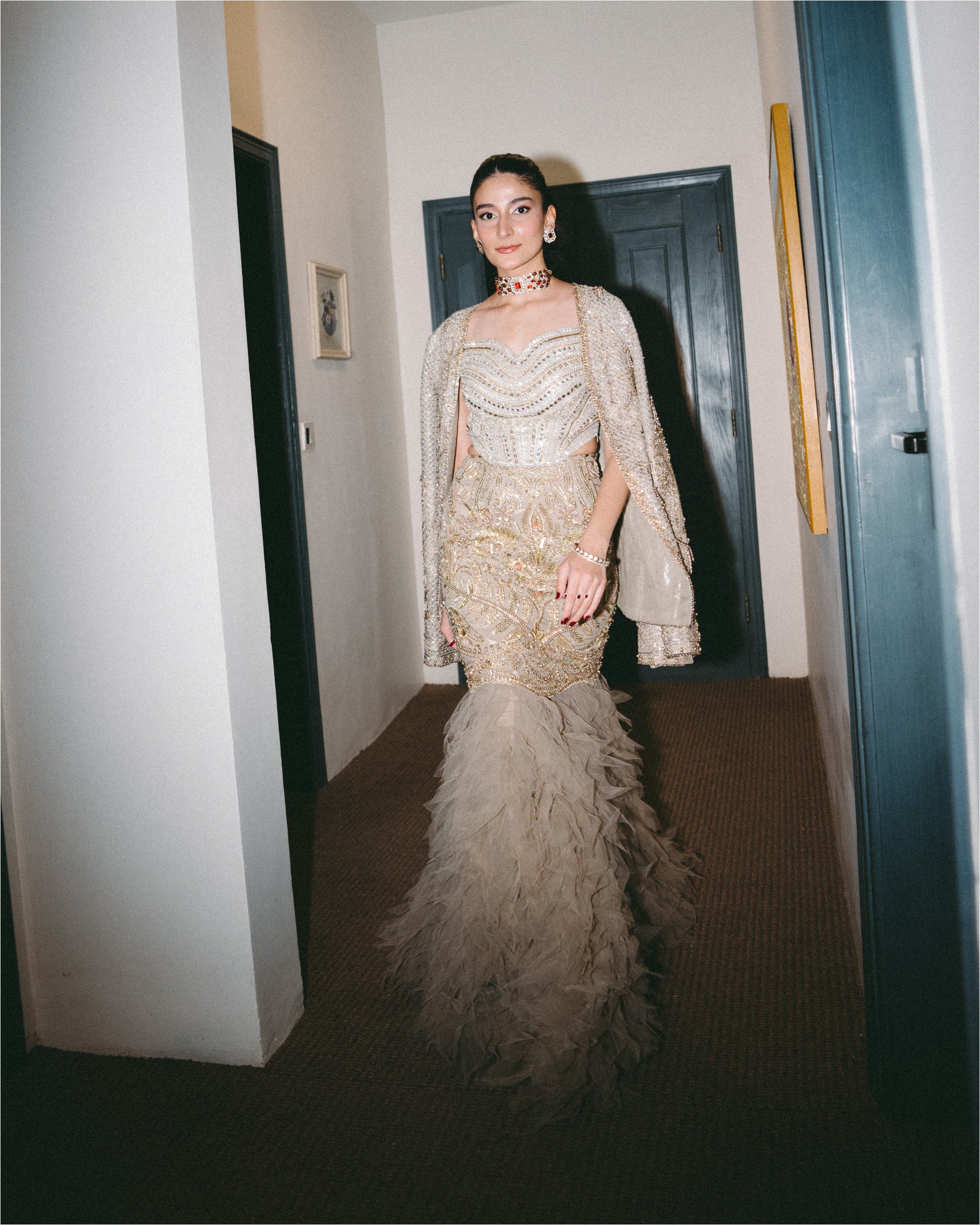 Pakistani Gold Embellished Raw Silk Mermaid Gown (2-Piece) - Image 4