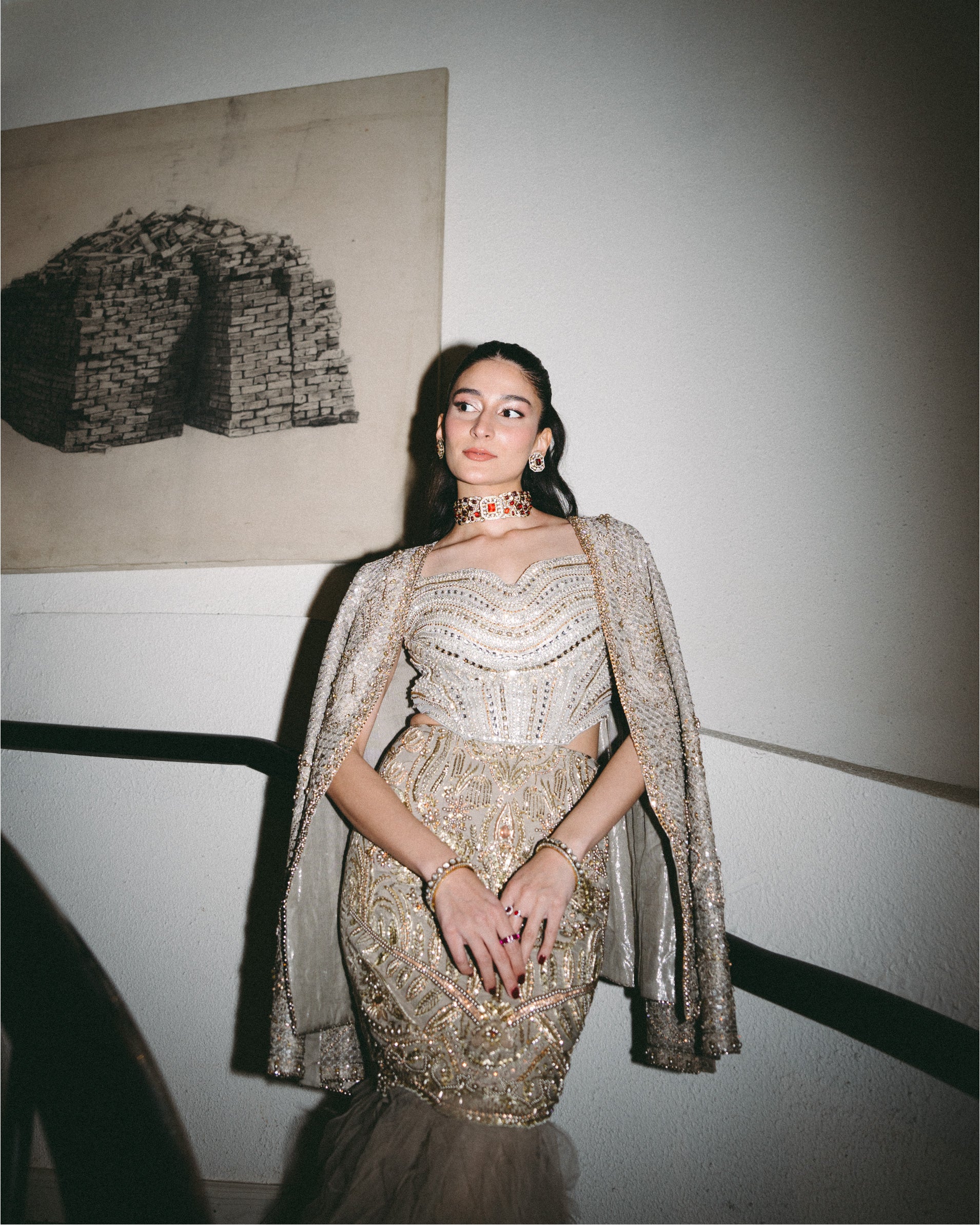 Pakistani Gold Embellished Raw Silk Mermaid Gown (2-Piece) - Image 5